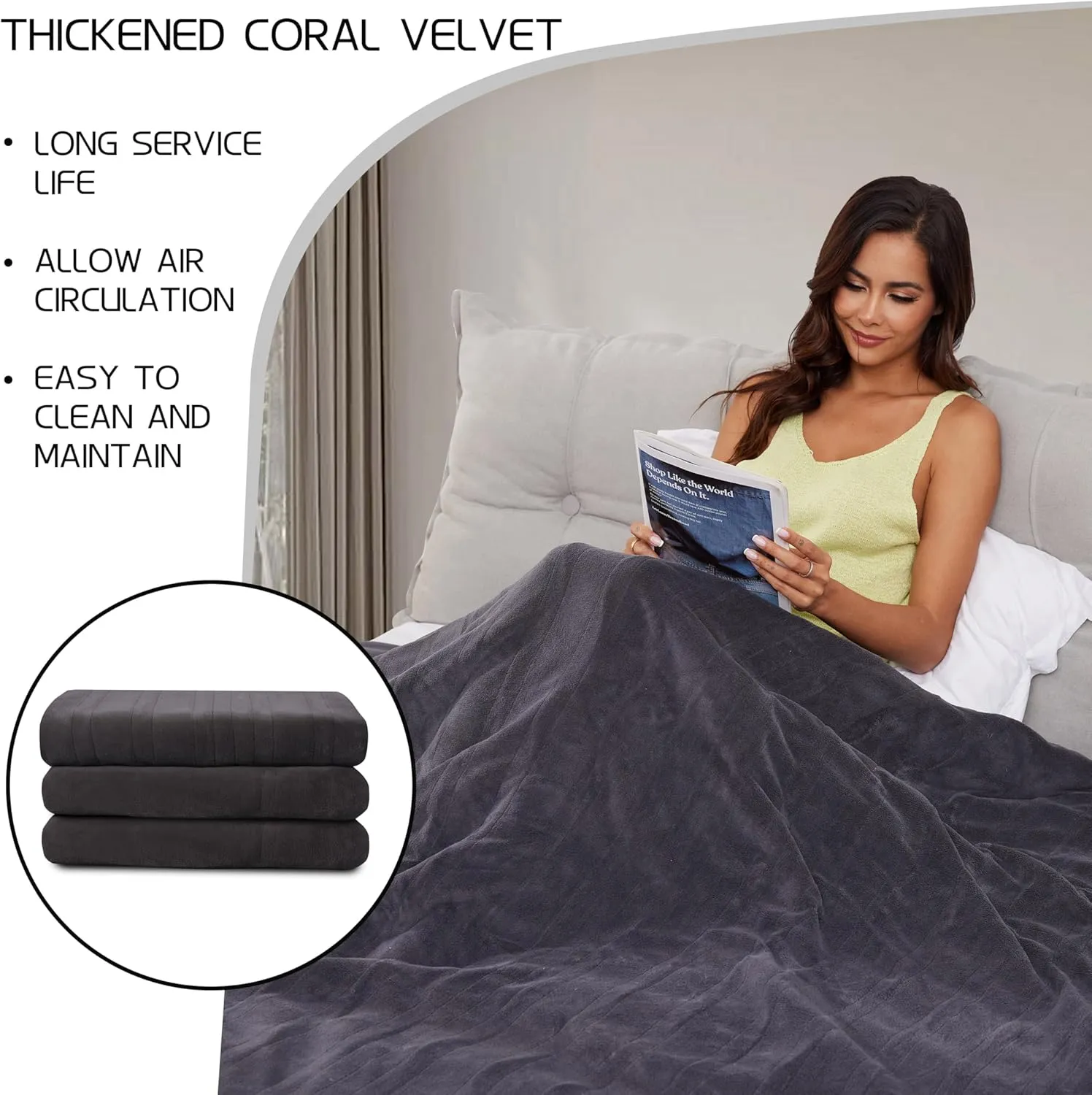 Electric Heated Blanket 72"x84" Full Size, Soft Coral Fleece with 4 Heating Levels and 10 Hours Auto-Off, Machine Washable, Cozy Plush Fabric for Home, Dark Gray