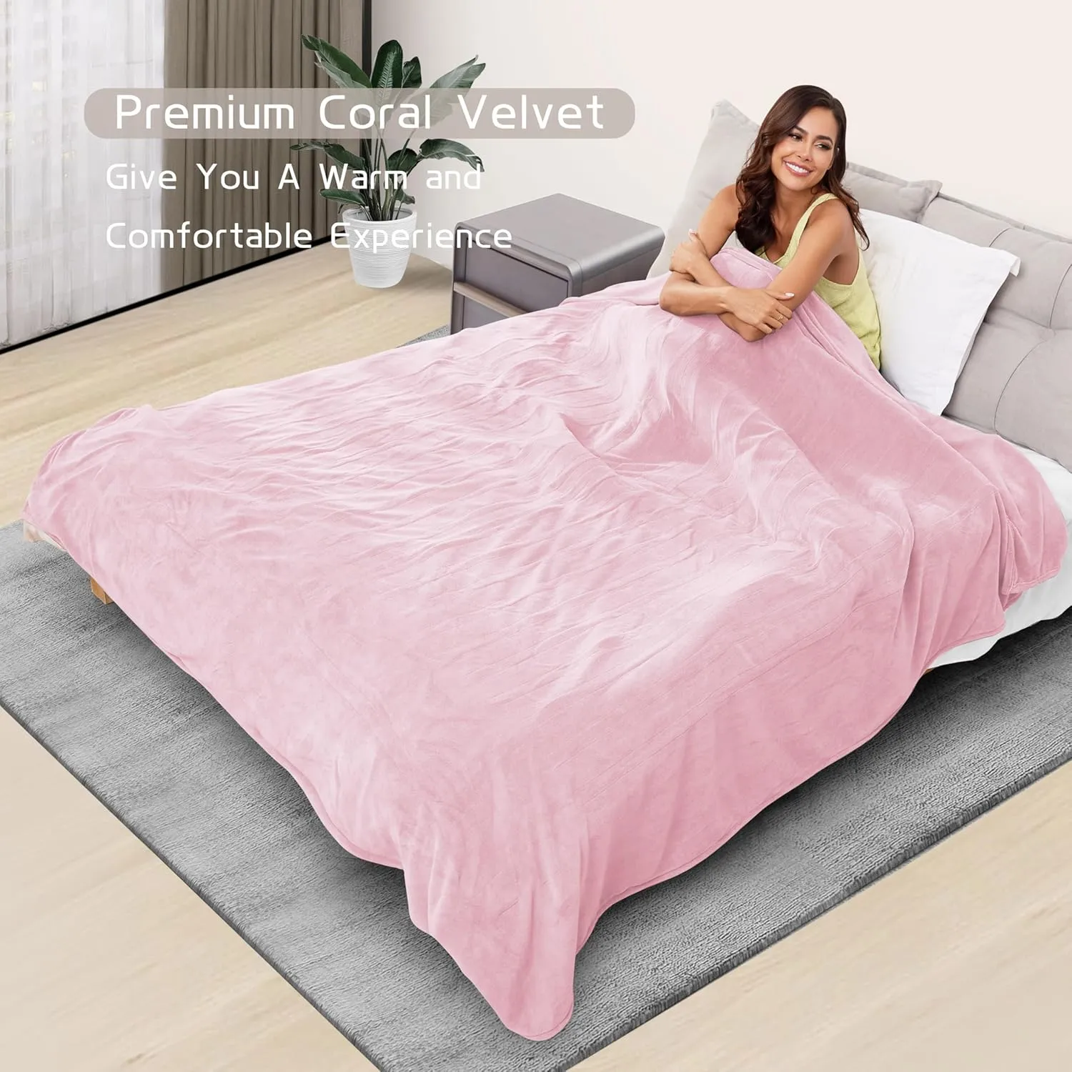 Electric Heated Blanket 72"x84" Full Size, Soft Coral Fleece with 4 Heating Levels and 10 Hours Auto-Off, Machine Washable, Cozy Plush Fabric for Home, Pale Pink
