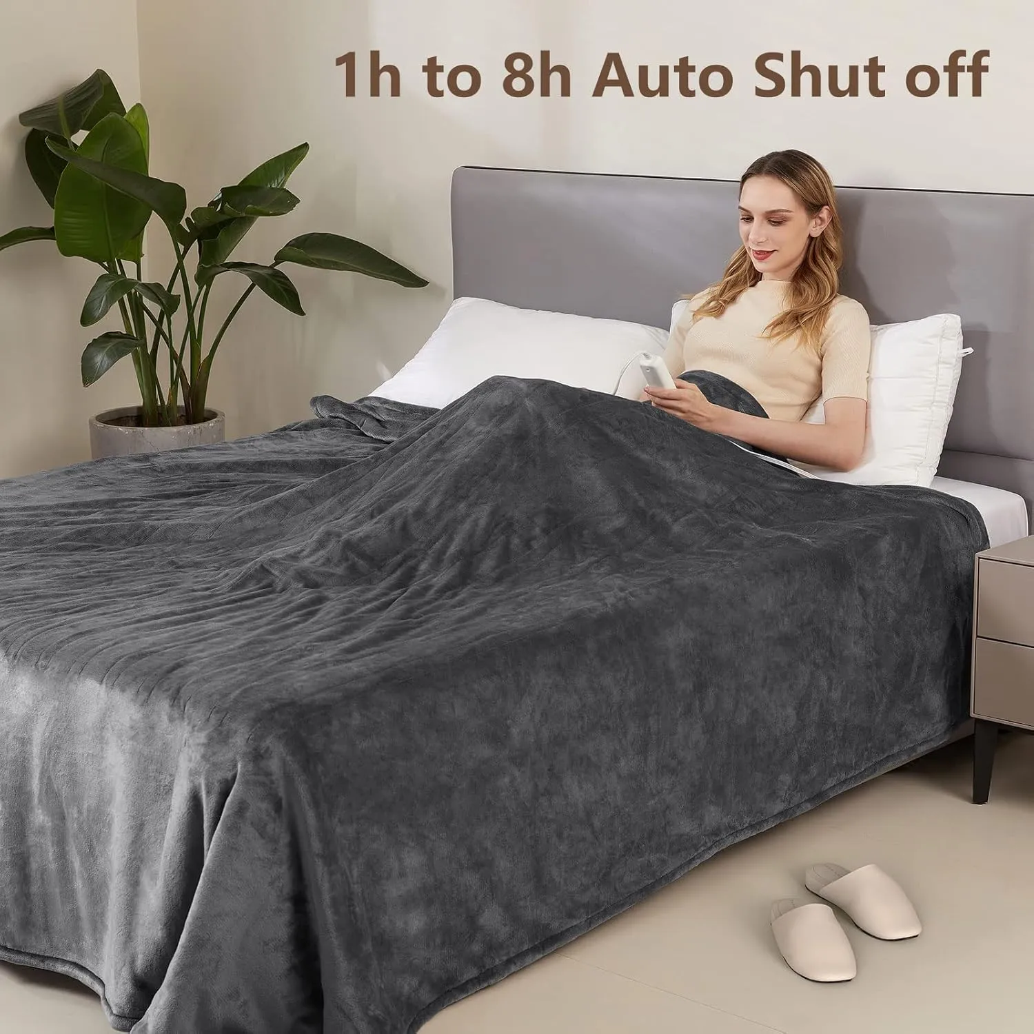 Electric Heated Blanket 84" x 90" Queen Size with 6 Levels & 8h Auto Off, Ultra Soft Flannel Full Body Heating Blanket, Machine Washable, Grey