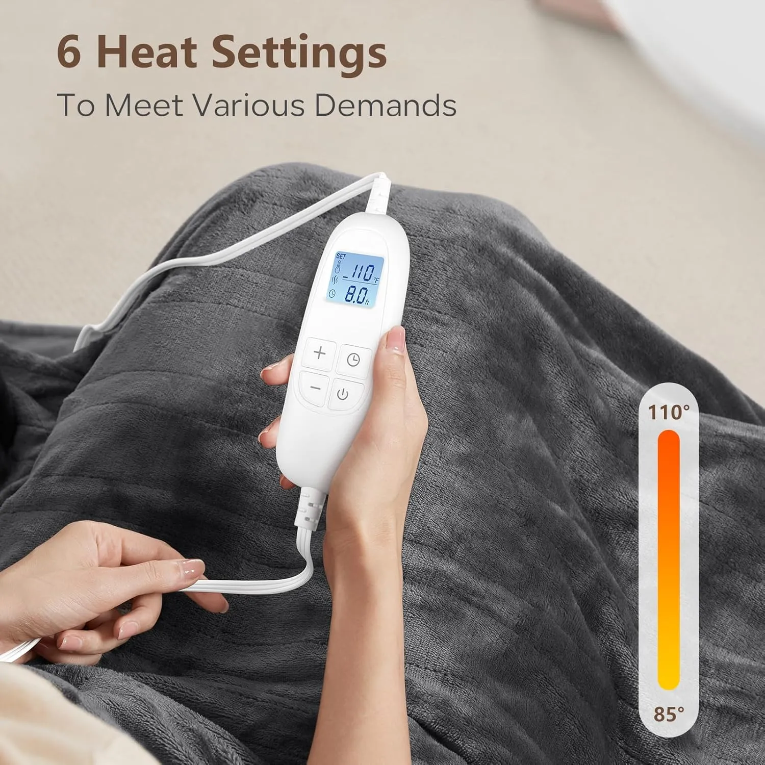 Electric Heated Blanket 84" x 90" Queen Size with 6 Levels & 8h Auto Off, Ultra Soft Flannel Full Body Heating Blanket, Machine Washable, Grey