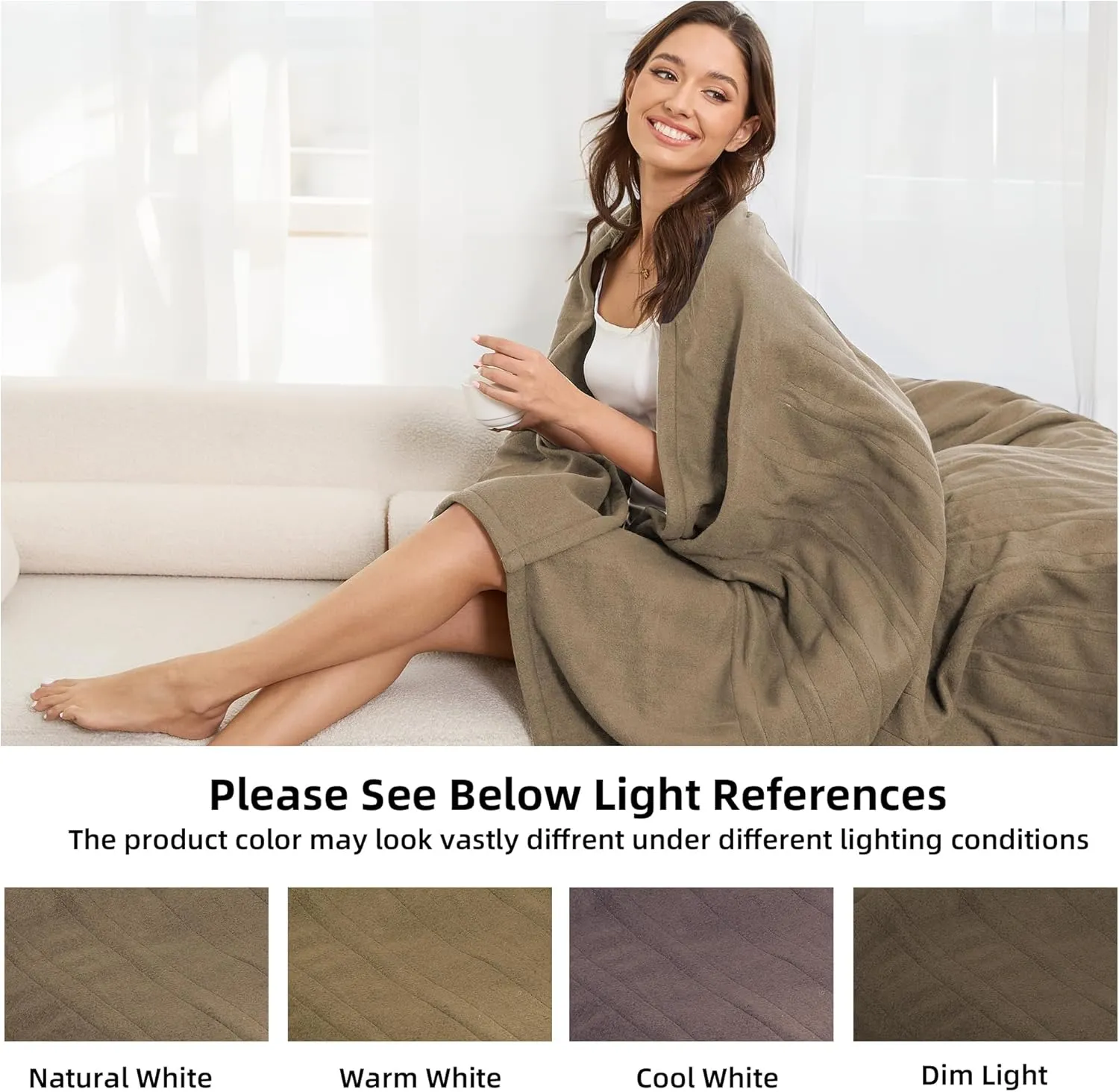Electric Heated Blanket Full Size 72''x84'' Fleece Fabric Machine Washable Warm and Cozy, 4 Heating Levels & 10H Auto-Off, Light Brown