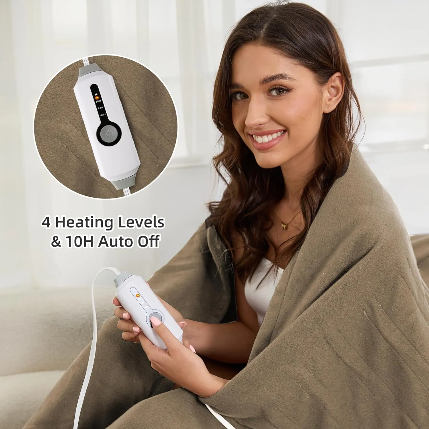 Electric Heated Blanket Full Size 72''x84'' Fleece Fabric Machine Washable Warm and Cozy, 4 Heating Levels & 10H Auto-Off, Light Brown