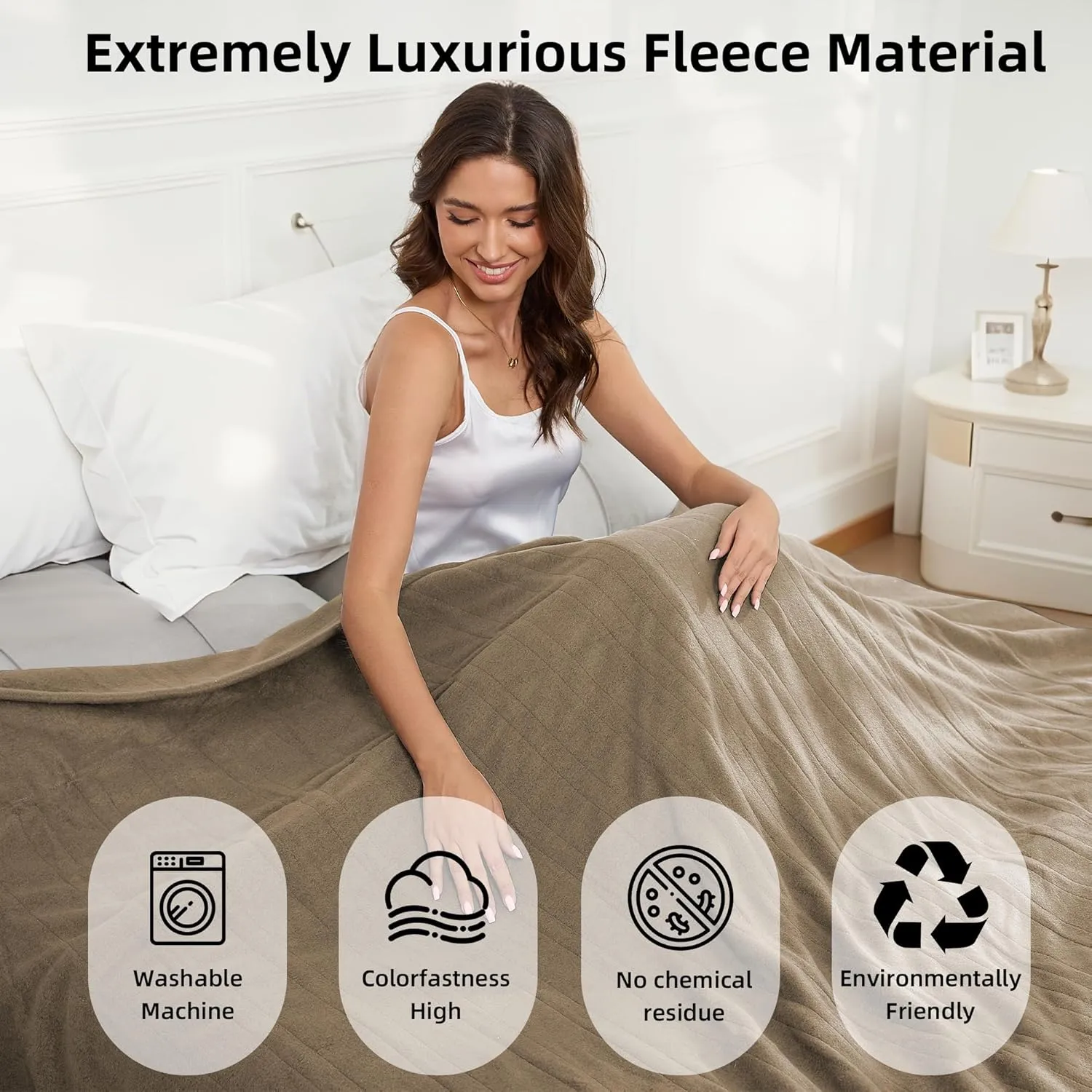 Electric Heated Blanket Full Size 72''x84'' Fleece Fabric Machine Washable Warm and Cozy, 4 Heating Levels & 10H Auto-Off, Light Brown