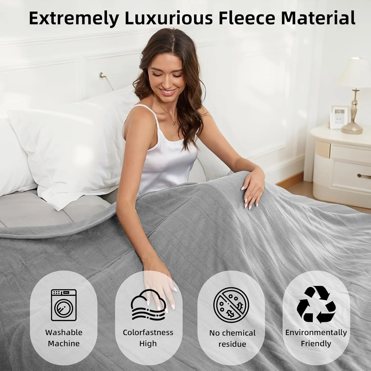 Electric Heated Blanket Full Size 72''x84'' Fleece Fabric Machine Washable Warm and Cozy, 4 Heating Levels & 10H Auto-Off, Light Grey