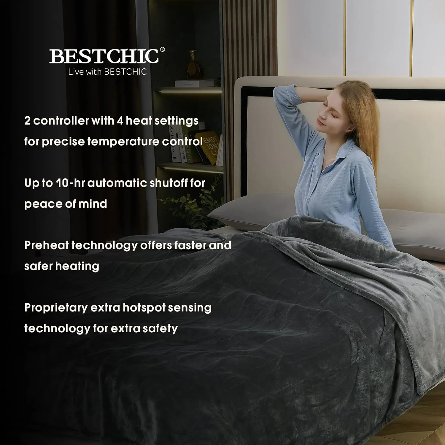 Electric Heated Blanket King Size 100" x 90", Fast Heating Blanket 100% Polyester Soft Flannel, 4 Heating Levels 10 Hours Auto-Off, ETL Certified Dual Controllers, Machine Washable (Grey)