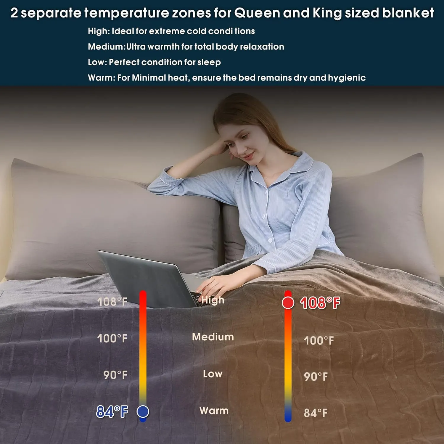 Electric Heated Blanket King Size 100" x 90", Fast Heating Blanket 100% Polyester Soft Flannel, 4 Heating Levels 10 Hours Auto-Off, ETL Certified Dual Controllers, Machine Washable (Grey)