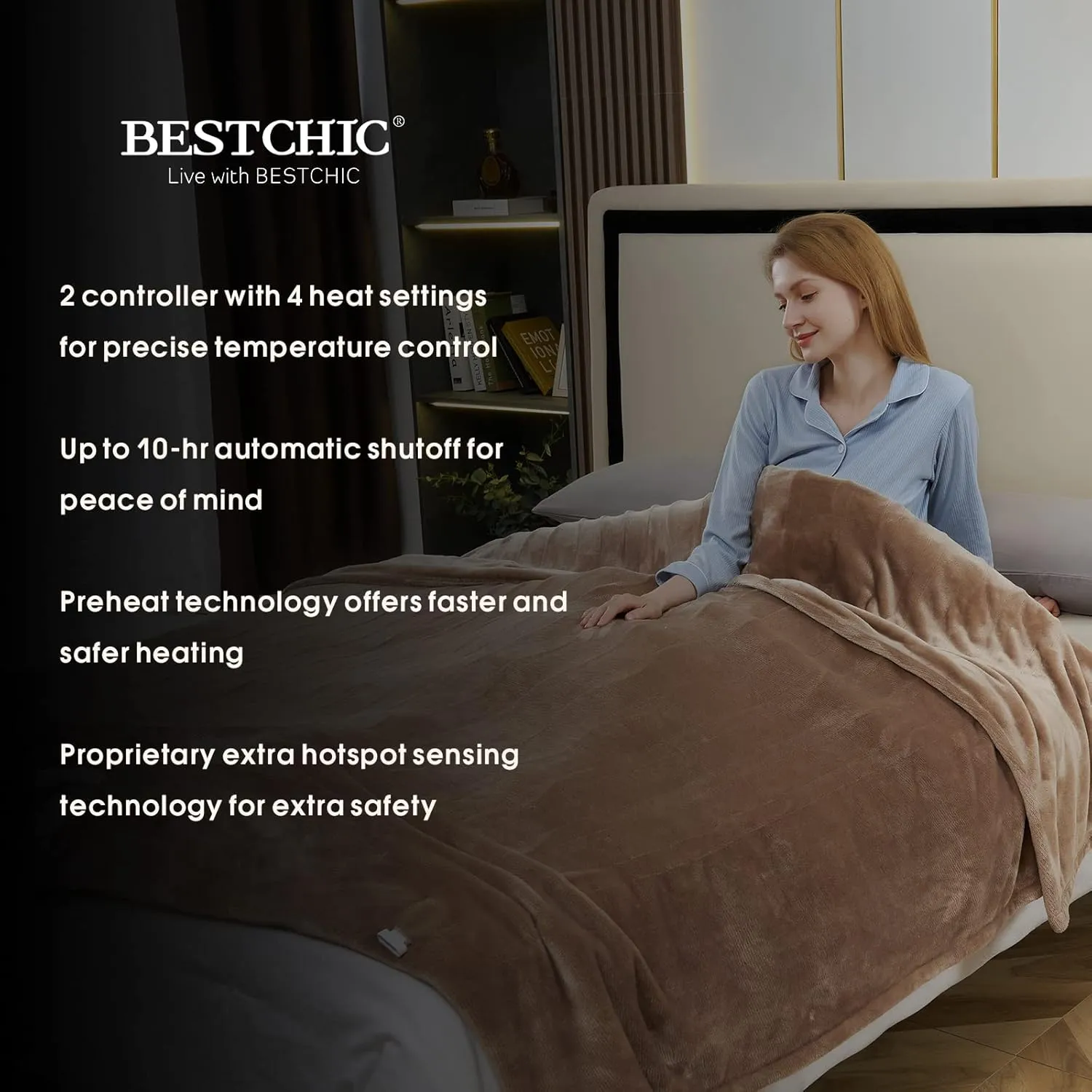 Electric Heated Blanket King Size 100" x 90", Fast Heating Blanket 100% Polyester Soft Flannel, 4 Heating Levels 10 Hours Auto-Off, ETL Certified Dual Controllers, Machine Washable (Taupe)