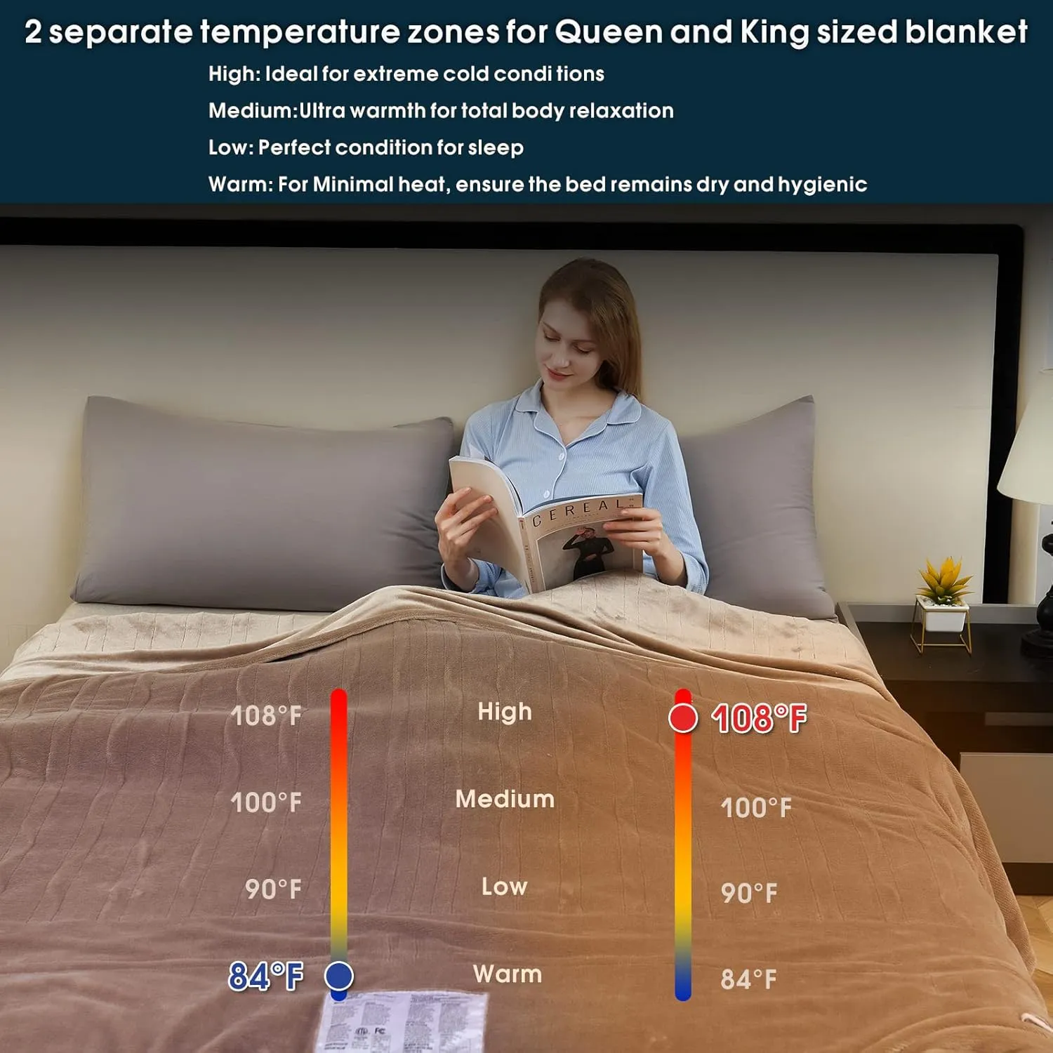 Electric Heated Blanket King Size 100" x 90", Fast Heating Blanket 100% Polyester Soft Flannel, 4 Heating Levels 10 Hours Auto-Off, ETL Certified Dual Controllers, Machine Washable (Taupe)