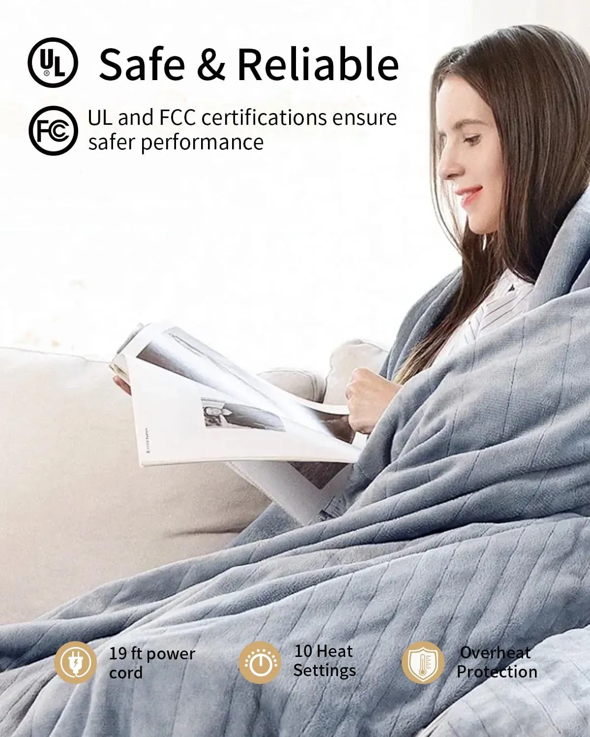 Electric Heated Blanket King Size, Flannel Warm Blanket with 10 Heat Settings, 10 Hours Auto Shut Off, Fast Heating Warming Blankets, Machine Washable, Grey, 90 * 100 Inchs