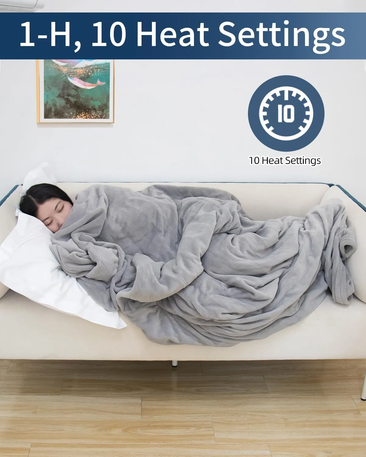Electric Heated Blanket King Size, Flannel Warm Blanket with 10 Heat Settings, 10 Hours Auto Shut Off, Fast Heating Warming Blankets, Machine Washable, Grey, 90 * 100 Inchs