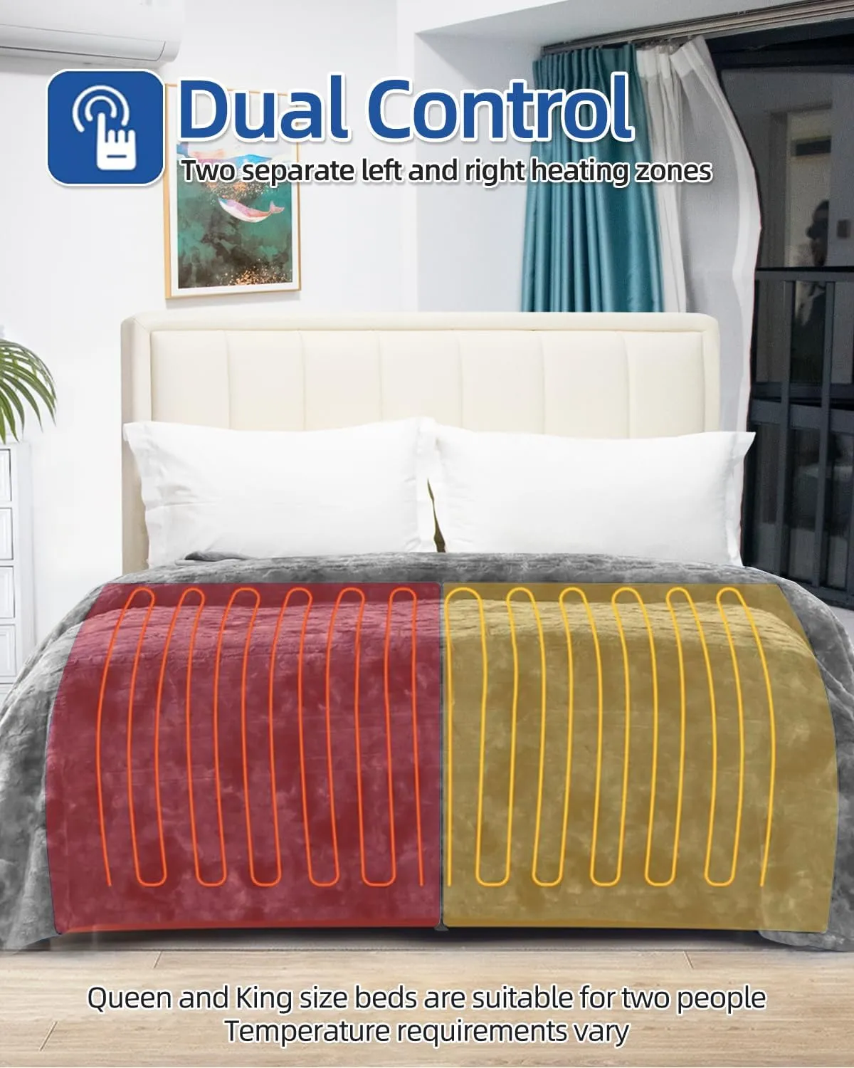 Electric Heated Blanket King Size, Flannel Warm Blanket with 10 Heat Settings, 10 Hours Auto Shut Off, Fast Heating Warming Blankets, Machine Washable, Grey, 90 * 100 Inchs
