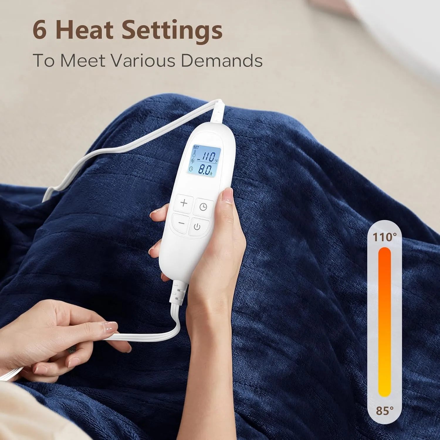 Electric Heated Blanket Queen Size 84" x 90" with 6 Heating Levels & 8h Auto Off, Ultra Soft Flannel Full Body Fast Heating Warming Blanket for Bed Sofa Home Office, Machine Washable, Blue