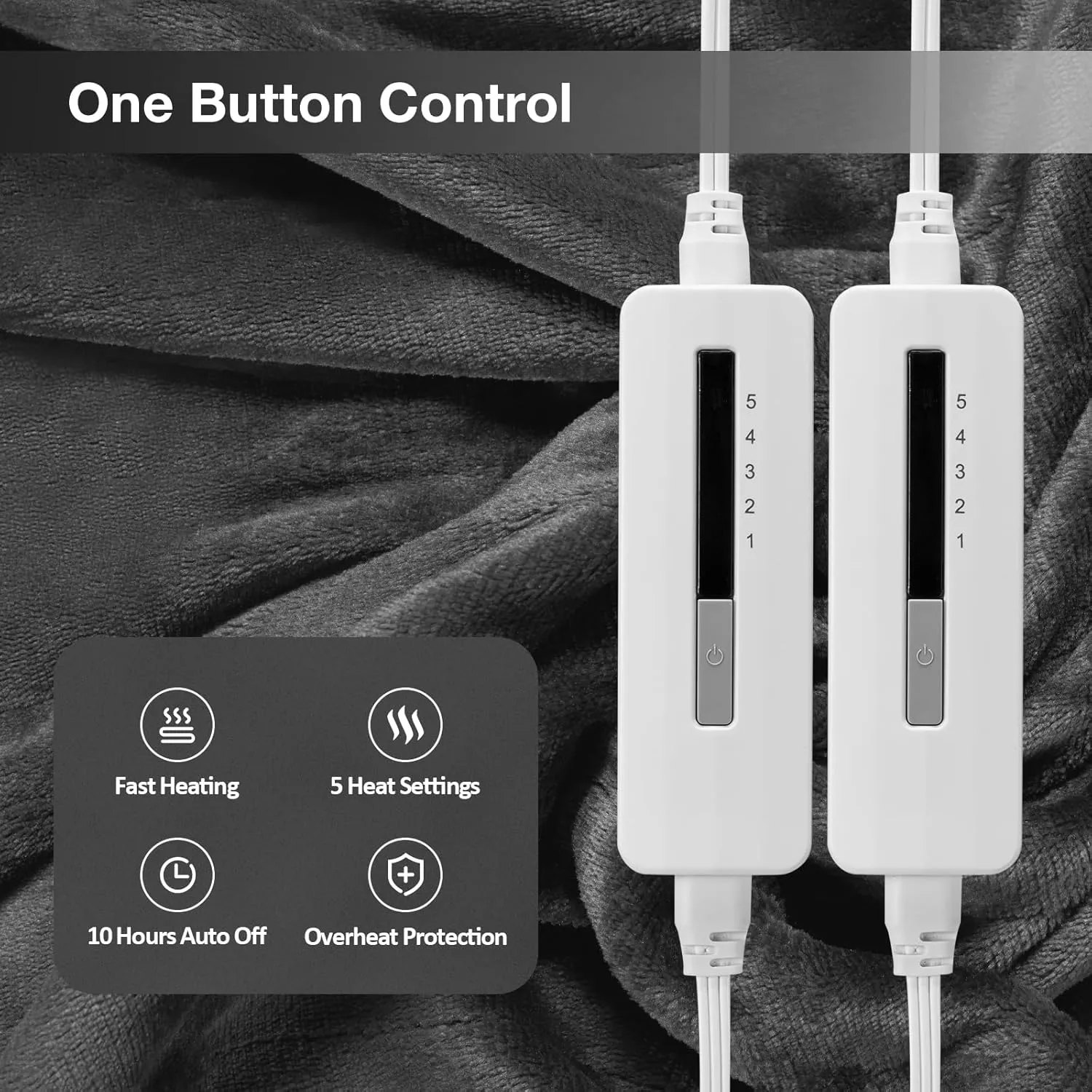 Electric Heated Blanket Queen Size 84"x 90", Dual Control Super Cozy Soft with 5 Heat Levels & 10 Hours Auto Off, Home Office Use & Machine Washable, Gray