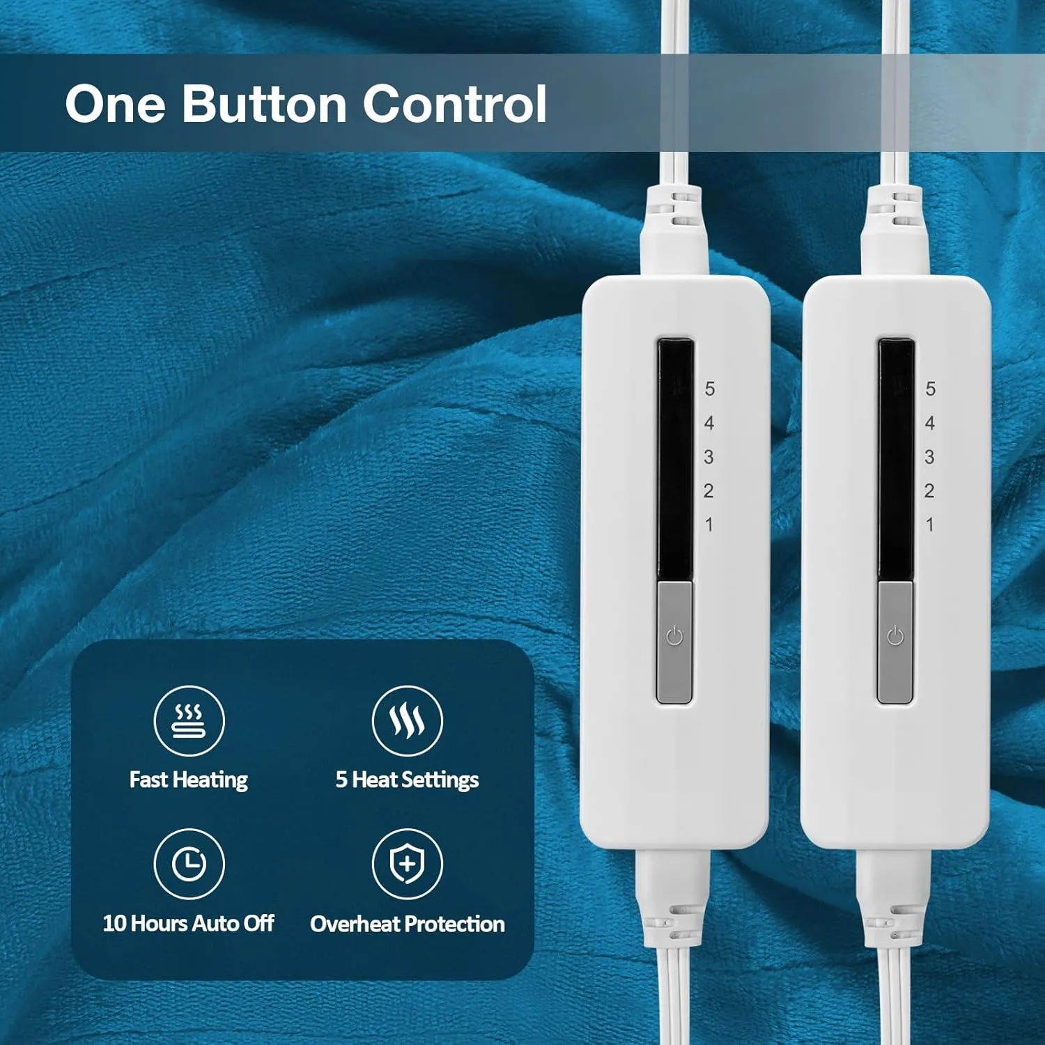 Electric Heated Blanket Queen Size 84"x 90",Dual Control Super Cozy Soft Flannel with 5 Heat Levels &10 Hours Auto Off, Home Office Use & Machine Washable, Blue