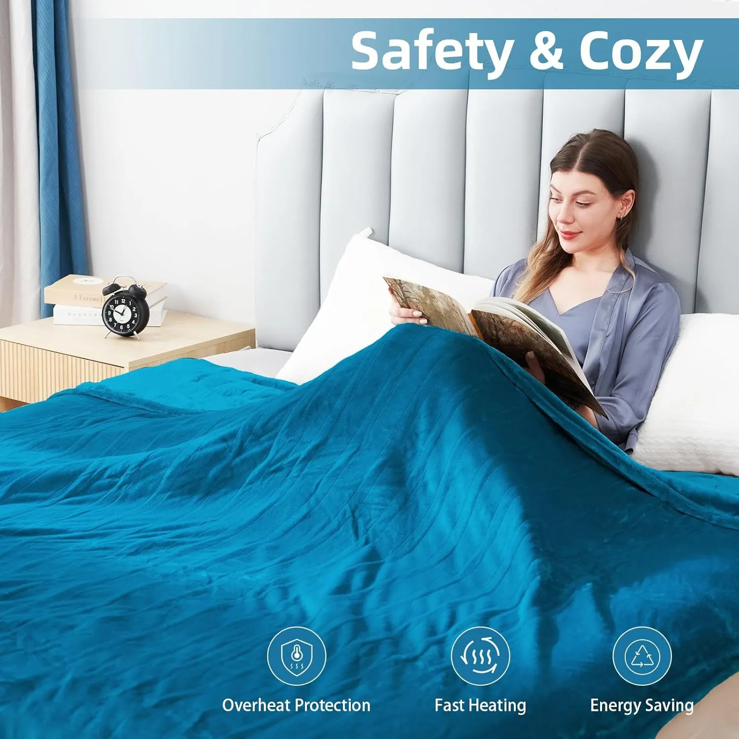 Electric Heated Blanket Queen Size 84"x 90",Dual Control Super Cozy Soft Flannel with 5 Heat Levels &10 Hours Auto Off, Home Office Use & Machine Washable, Blue