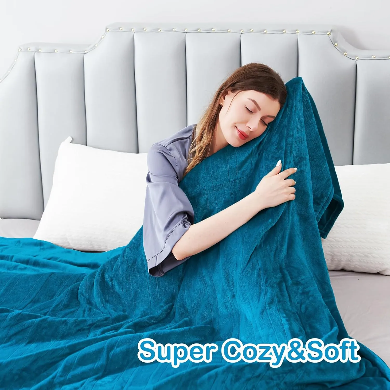Electric Heated Blanket Queen Size 84"x 90",Dual Control Super Cozy Soft Flannel with 5 Heat Levels &10 Hours Auto Off, Home Office Use & Machine Washable, Blue