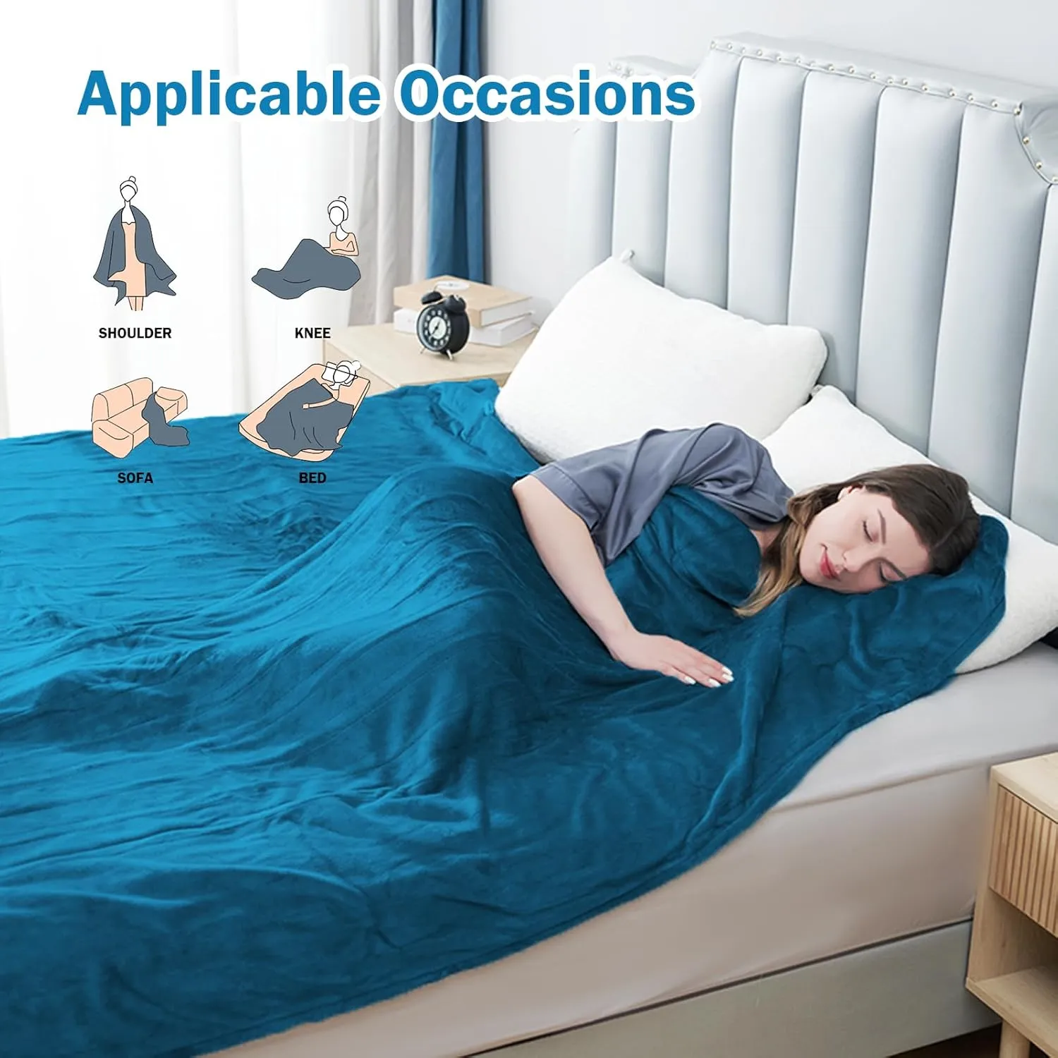 Electric Heated Blanket Queen Size 84"x 90",Dual Control Super Cozy Soft Flannel with 5 Heat Levels &10 Hours Auto Off, Home Office Use & Machine Washable, Blue