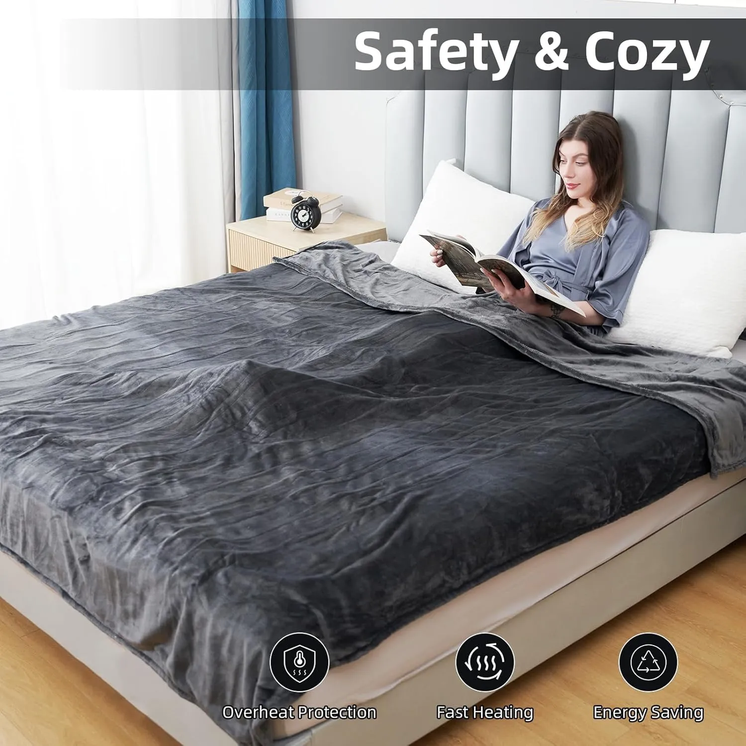 Electric Heated Blanket Queen Size 84"x 90",Dual Control Super Cozy Soft with 5 Heat Levels &10 Hours Auto Off, Home Office Use & Machine Washable, Darkgray