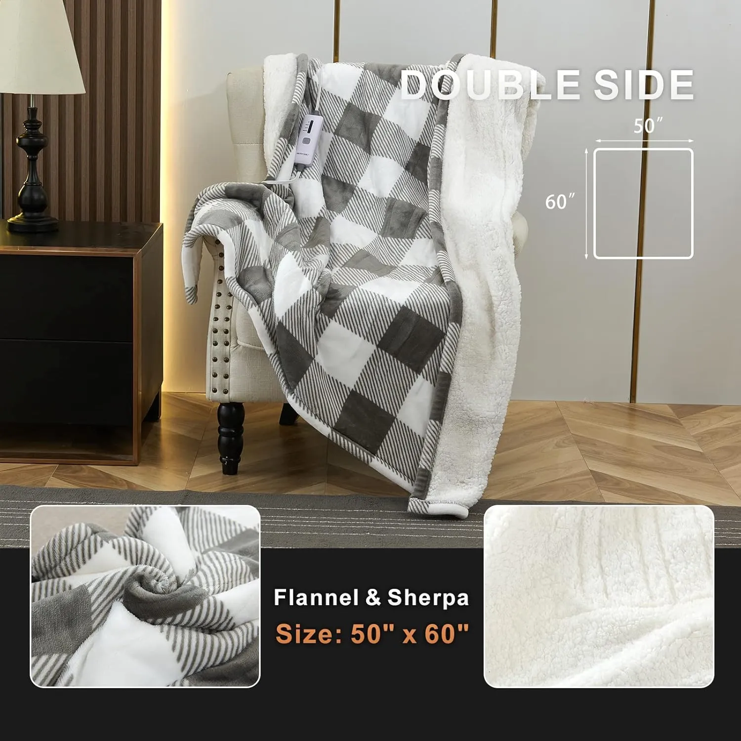 Electric Heated Blanket Throw 50" x 60" Full Body Size Fast Heating Blanket, 100% Polyester Flannel, 4 Heating Levels 4 Hours Auto-Off, ETL Certified Machine Washable (Grey White Plaid)