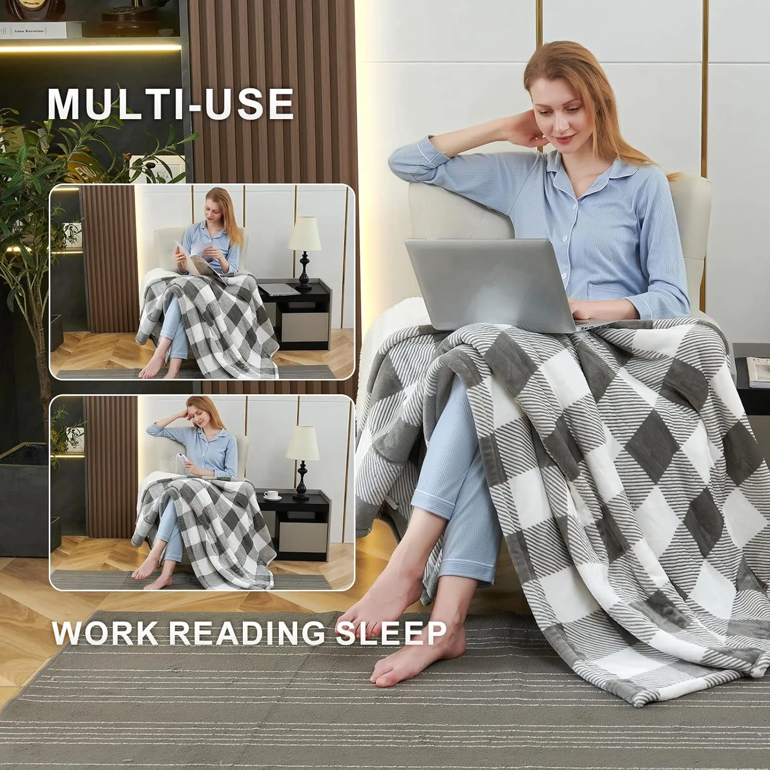 Electric Heated Blanket Throw 50" x 60" Full Body Size Fast Heating Blanket, 100% Polyester Flannel, 4 Heating Levels 4 Hours Auto-Off, ETL Certified Machine Washable (Grey White Plaid)