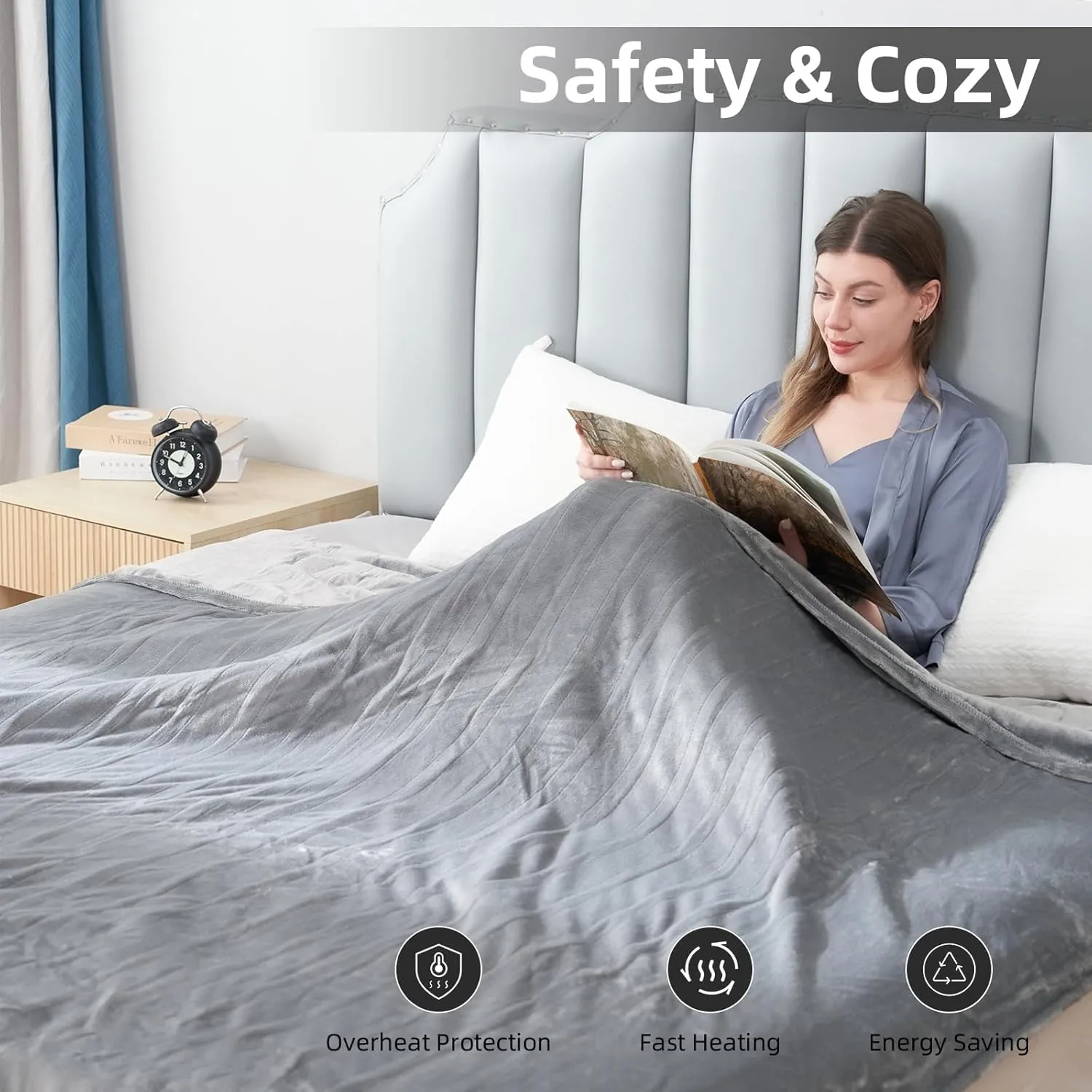 Electric Heated Blanket Throw 50" x 60", Super Cozy Soft Flannel with 6 Heating Levels & 3 Hours Auto Off, Machine Washable, Home Office Use, Gray