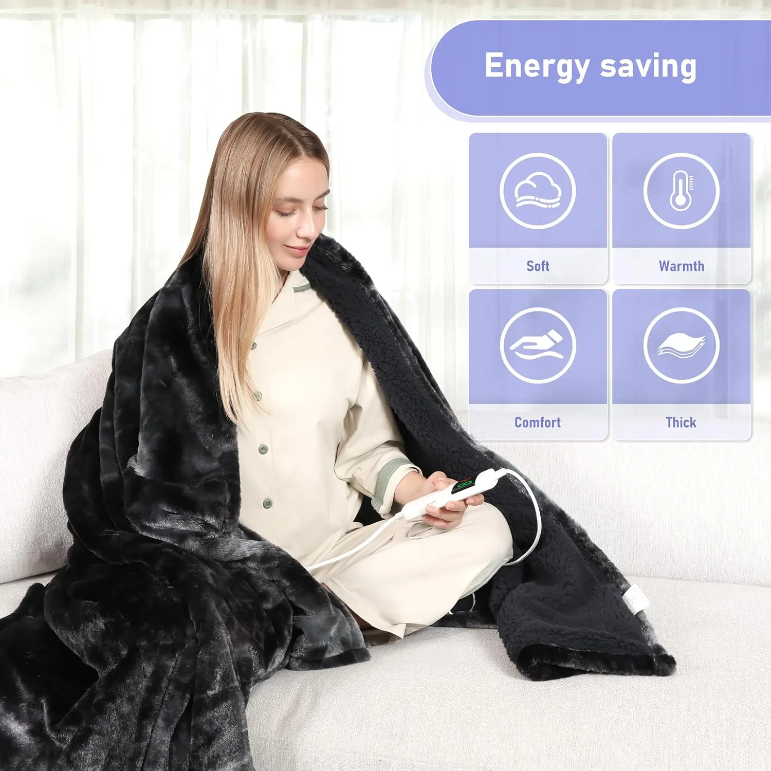 Electric Heated Blanket Throw 50''x60''Size Faux Fur Heating Blanket 10 Heating Settings, 1-8h Timer & Overheat Protection, Machine Washable, Soft Flannel and Sherpa Full Body Warmth