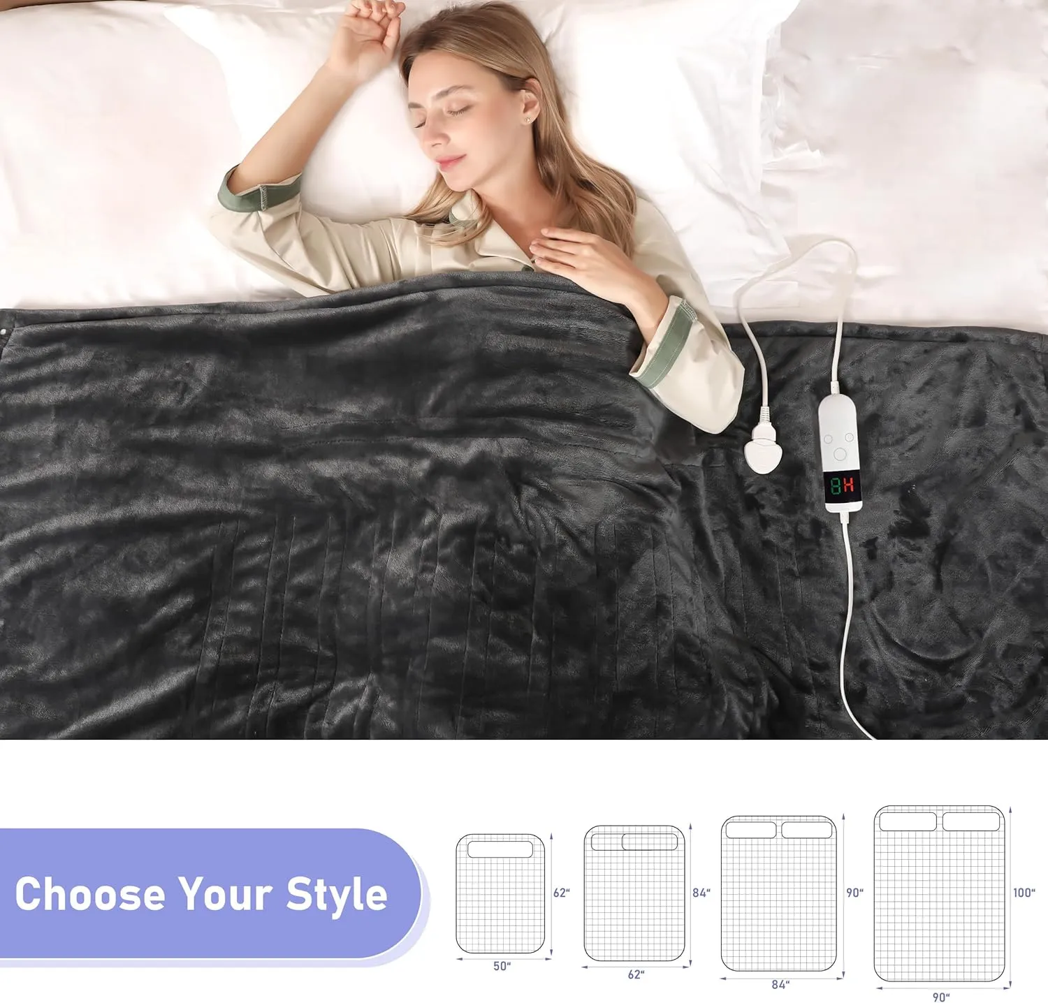 Electric Heated Blanket Throw 50''x60''Size Faux Fur Heating Blanket 10 Heating Settings, 1-8h Timer & Overheat Protection, Machine Washable, Soft Flannel and Sherpa Full Body Warmth