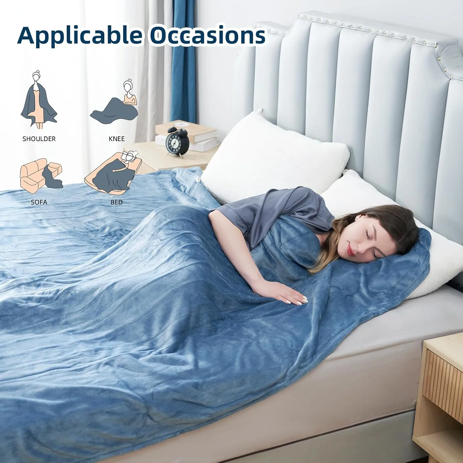 Electric Heated Blanket Throw Size, 50" x 60" Heated Throw with 6 Heating Levels & 3 Hours Auto Off, Machine Washable, ETL & FCC Certified Home Office Use, Blue