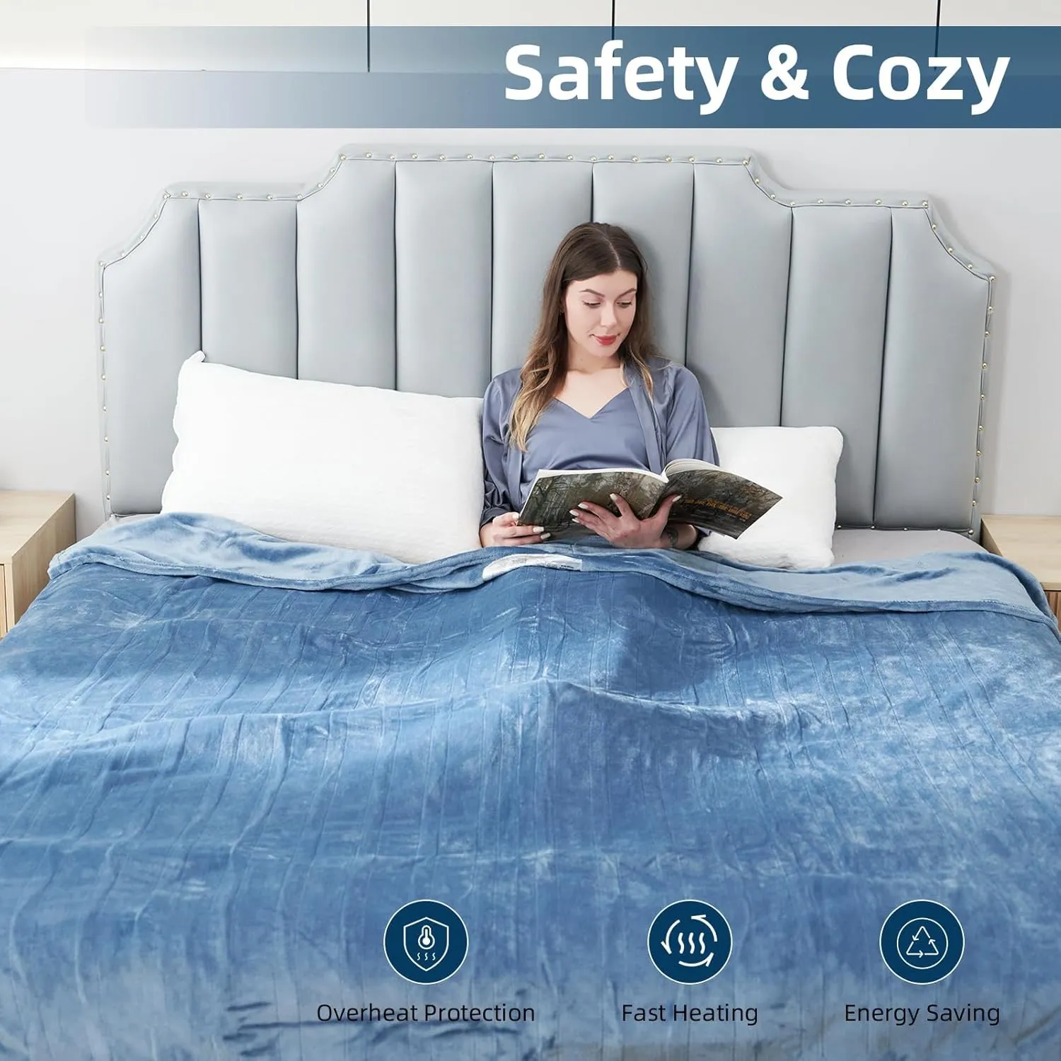 Electric Heated Blanket Throw Size, 50" x 60" Heated Throw with 6 Heating Levels & 3 Hours Auto Off, Machine Washable, ETL & FCC Certified Home Office Use, Blue