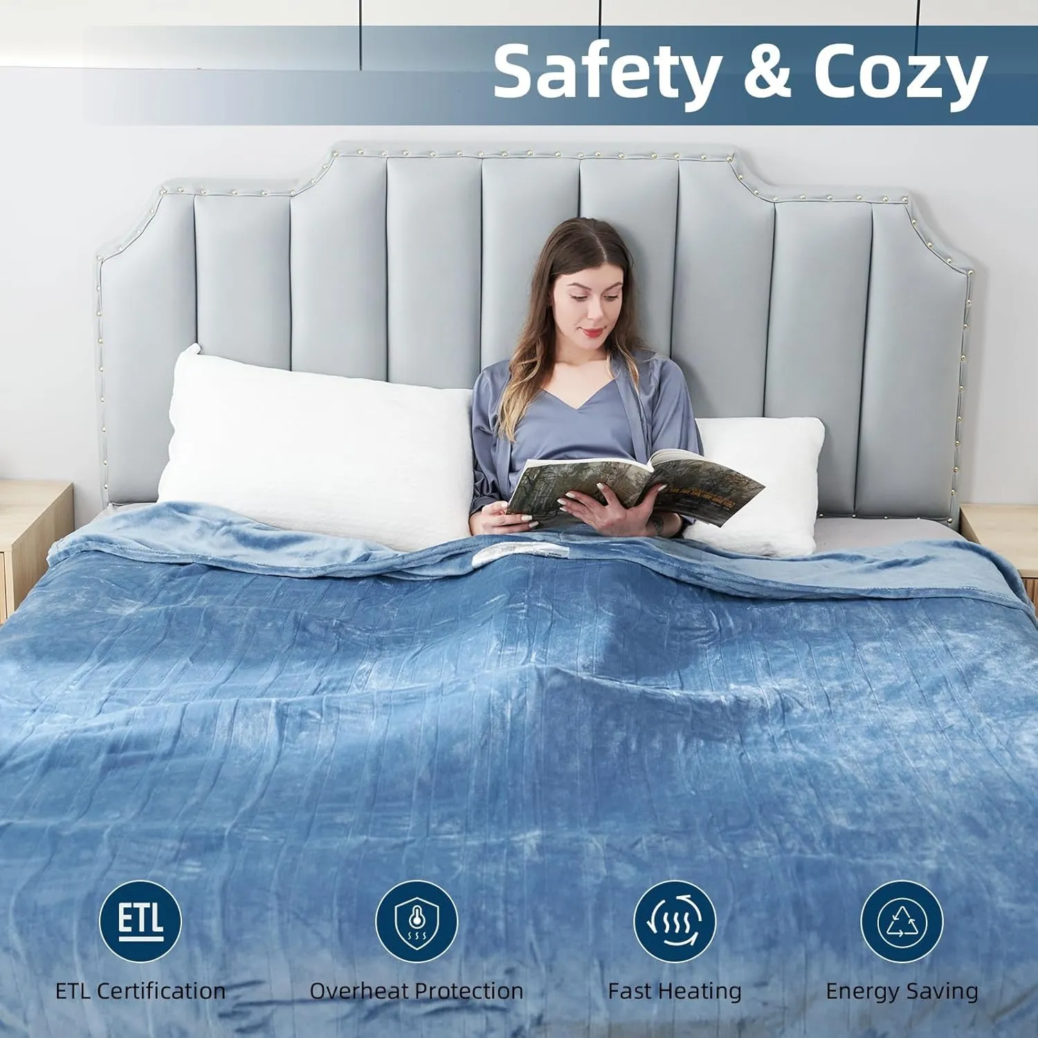 Electric Heated Blanket Throw Size, 50" x 60" Heated Throw with 6 Heating Levels & 3 Hours Auto Off, Machine Washable, ETL & FCC Certified Home Office Use, Blue