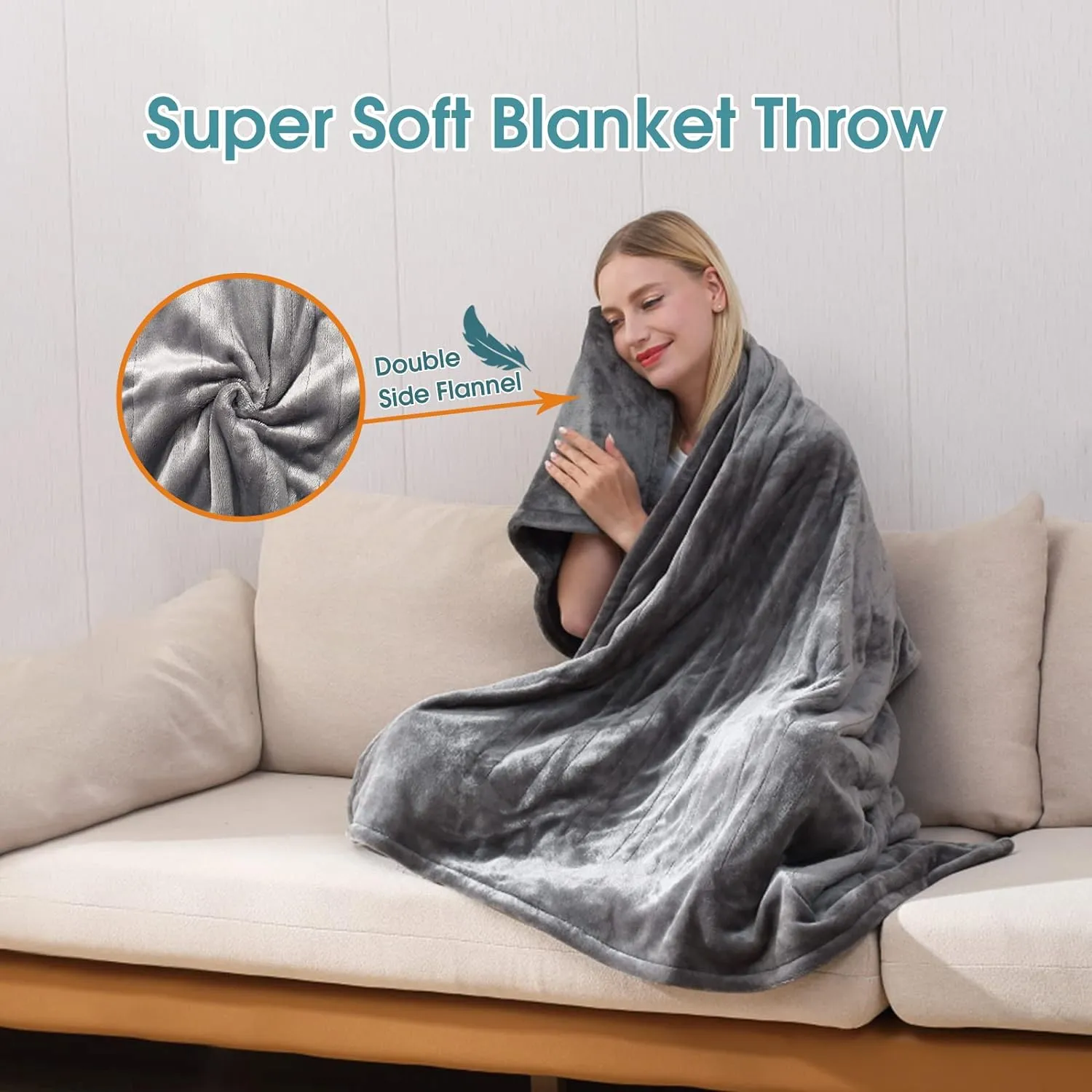 Electric Heated Blanket Throw, Super Soft Flannel 50" x 60" Heating Throw with 3 Fast Heating Levels & 4 Hours Auto Off, Machine Washable, ETL&FCC Certification, Home Office Use, Grey