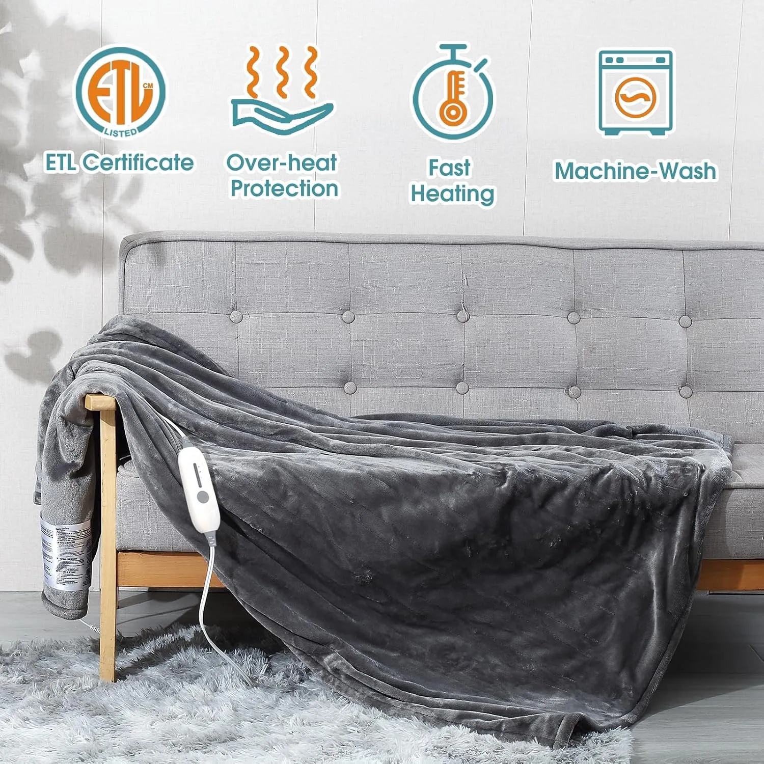 Electric Heated Blanket Throw, Super Soft Flannel 50" x 60" Heating Throw with 3 Fast Heating Levels & 4 Hours Auto Off, Machine Washable, ETL&FCC Certification, Home Office Use, Grey