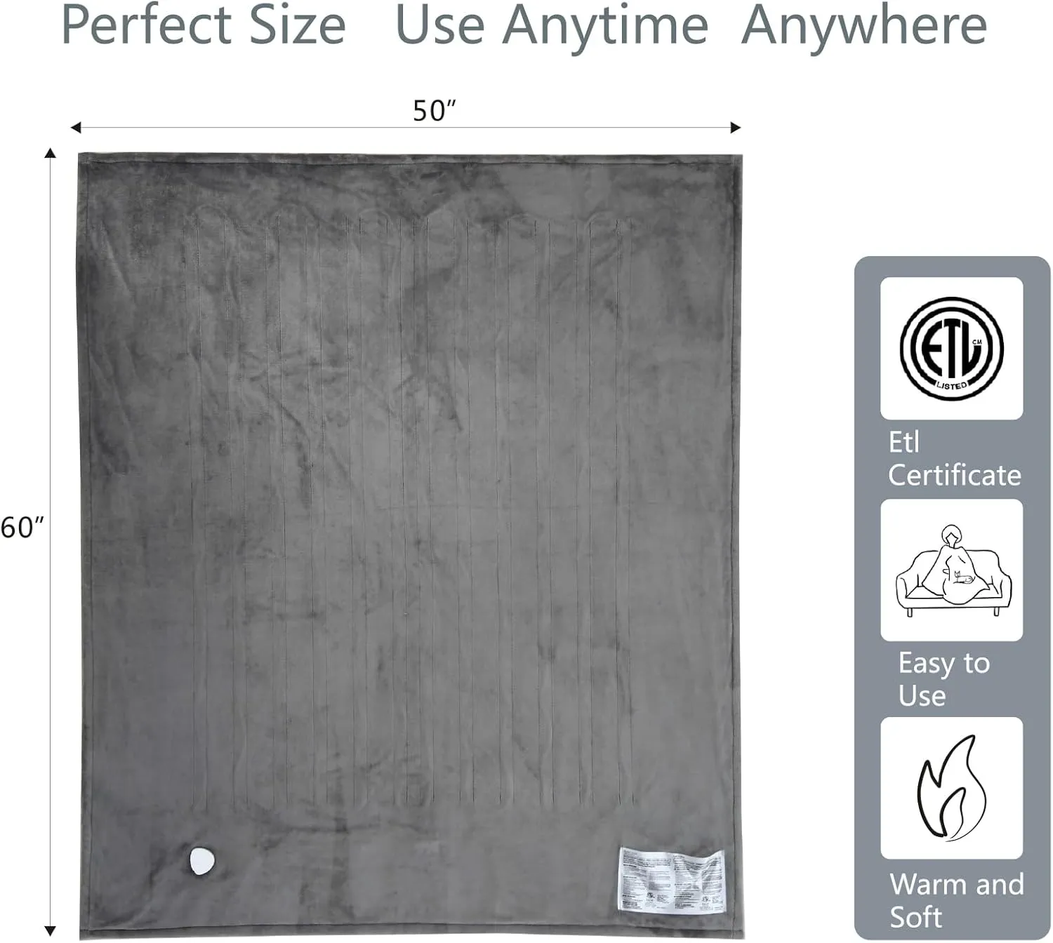 Electric Heated Blanket Throw, Super Soft Flannel 50" x 60" Heating Throw with 3 Fast Heating Levels & 4 Hours Auto Off, Machine Washable, ETL&FCC Certification, Home Office Use, Grey