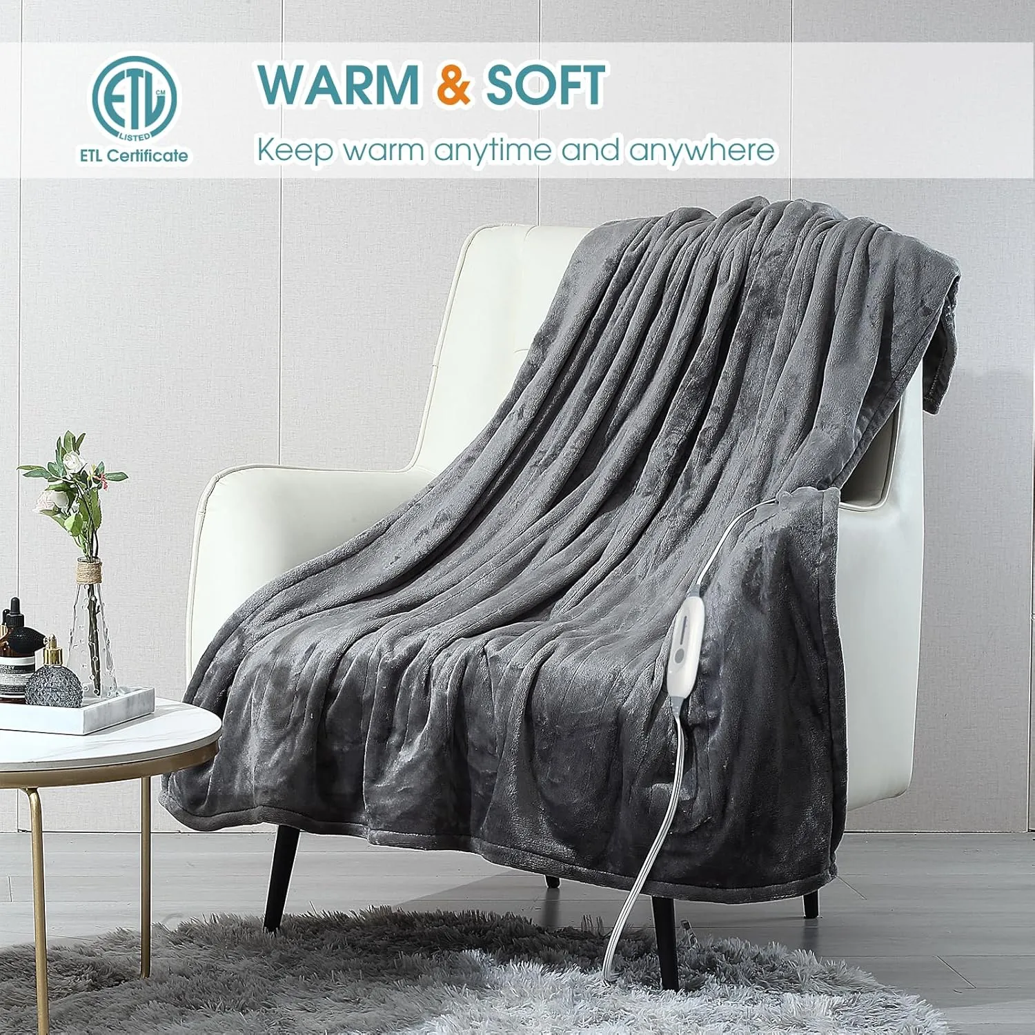Electric Heated Blanket Throw, Super Soft Flannel 50" x 60" Heating Throw with 3 Fast Heating Levels & 4 Hours Auto Off, Machine Washable, ETL&FCC Certification, Home Office Use, Grey