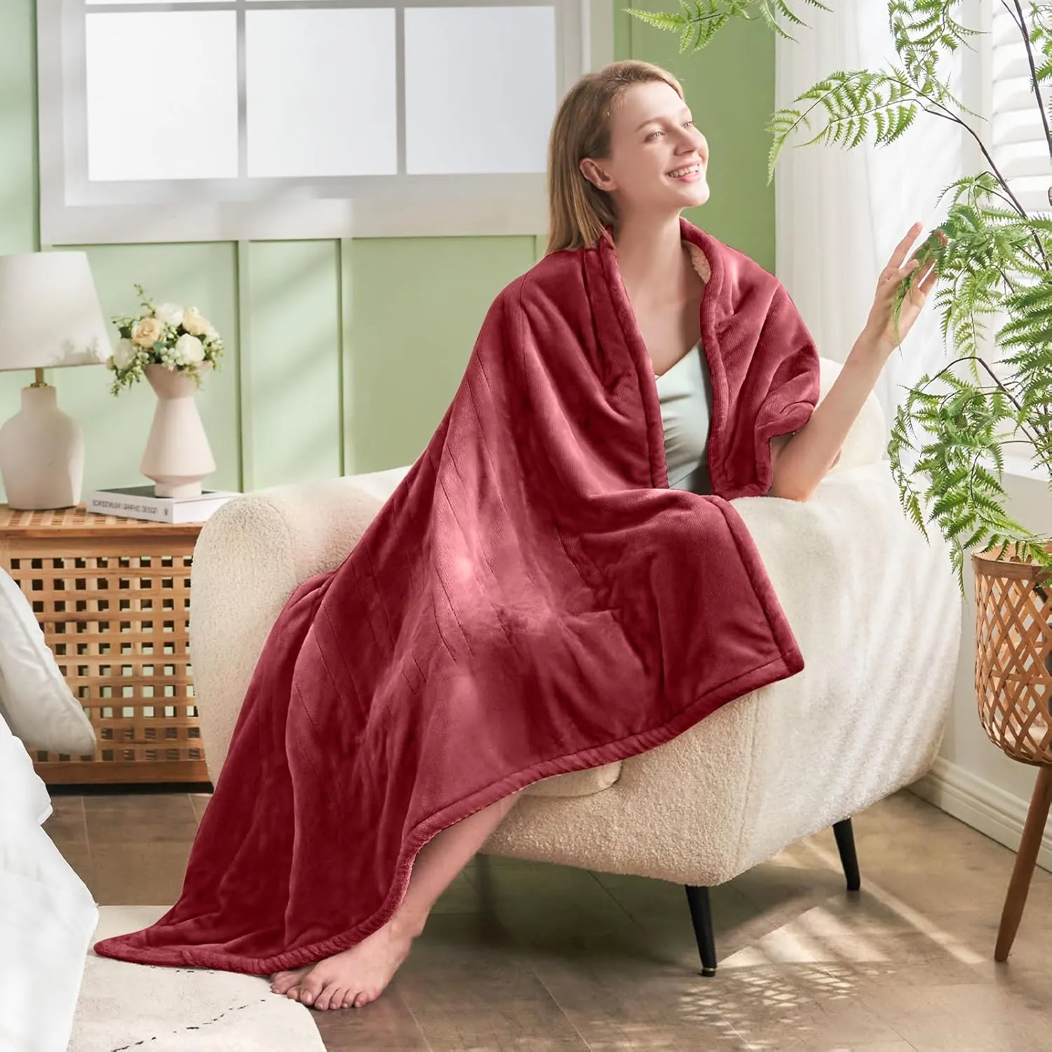 Electric Heated Blanket,Flannel & Sherpa Heated Throw Blanket 50"x60",Fast Heating Soft Fleece Blanket with 6 Heating Levels & 4H Auto Off-Wine red