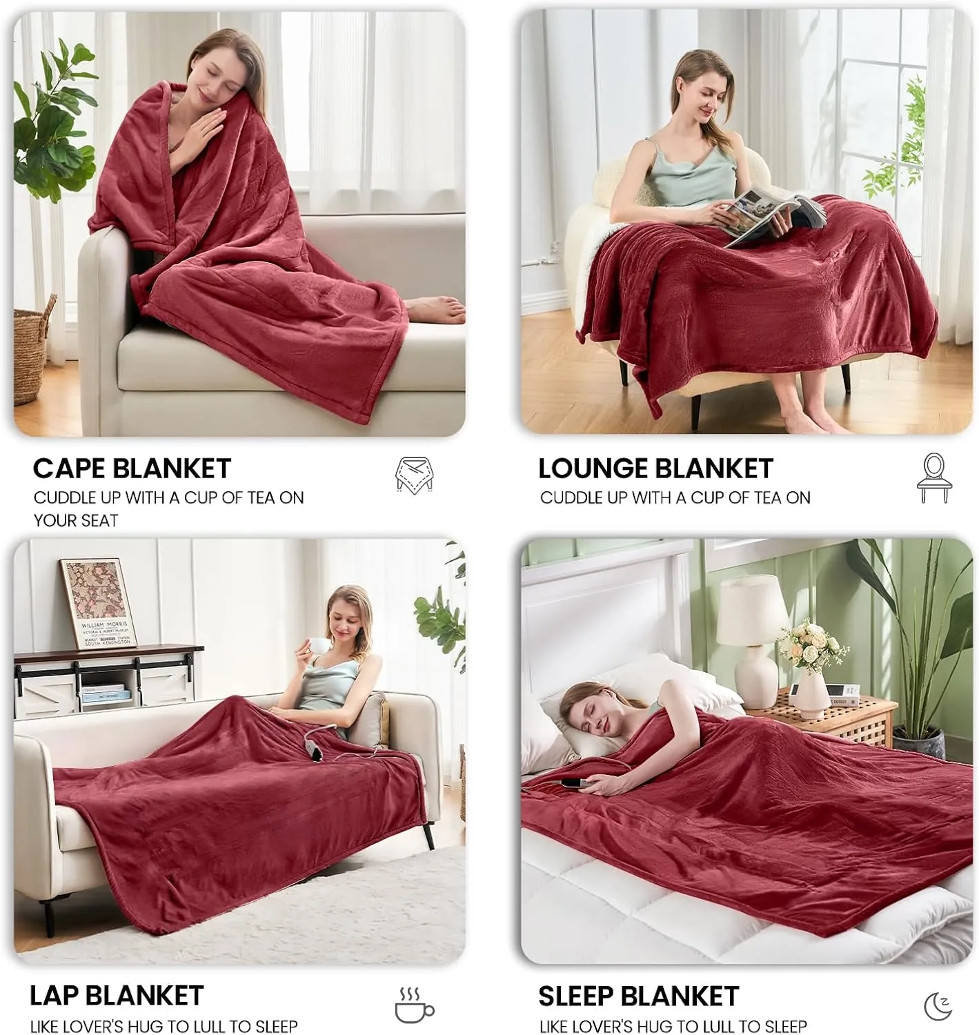 Electric Heated Blanket,Flannel & Sherpa Heated Throw Blanket 50"x60",Fast Heating Soft Fleece Blanket with 6 Heating Levels & 4H Auto Off-Wine red