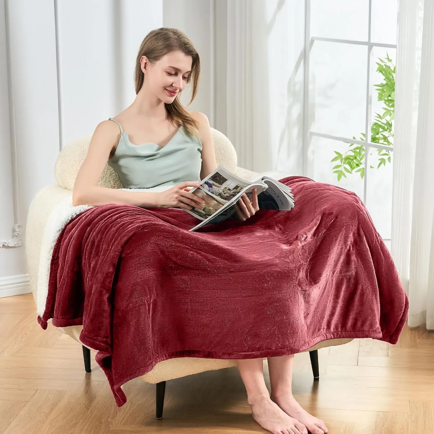 Electric Heated Blanket,Flannel & Sherpa Heated Throw Blanket 50"x60",Fast Heating Soft Fleece Blanket with 6 Heating Levels & 4H Auto Off-Wine red