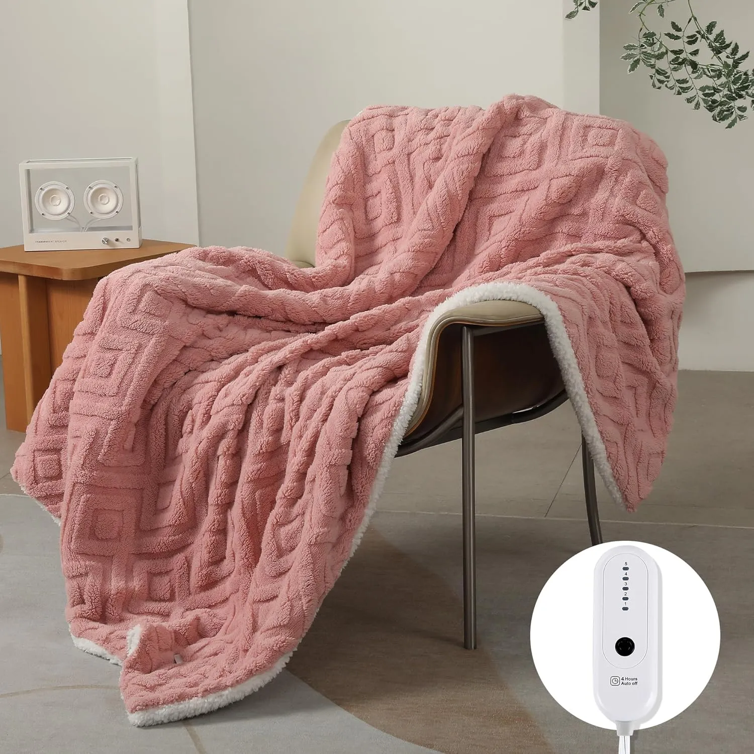 Electric Heated Throw Blanket, 50" x 60" Extra - Thick and Warm Heating Blanket with 4 Hour Auto Off & 5 Heating Levels, 3D Pattern Design and Overheating Protection, Baby Pink