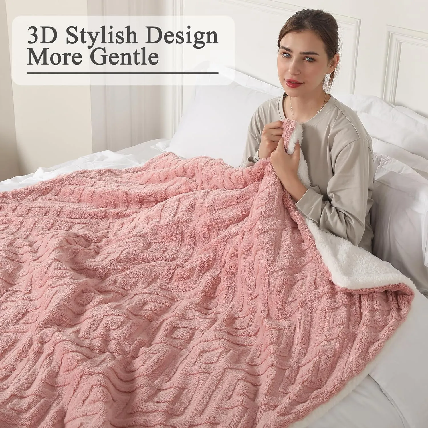 Electric Heated Throw Blanket, 50" x 60" Extra - Thick and Warm Heating Blanket with 4 Hour Auto Off & 5 Heating Levels, 3D Pattern Design and Overheating Protection, Baby Pink