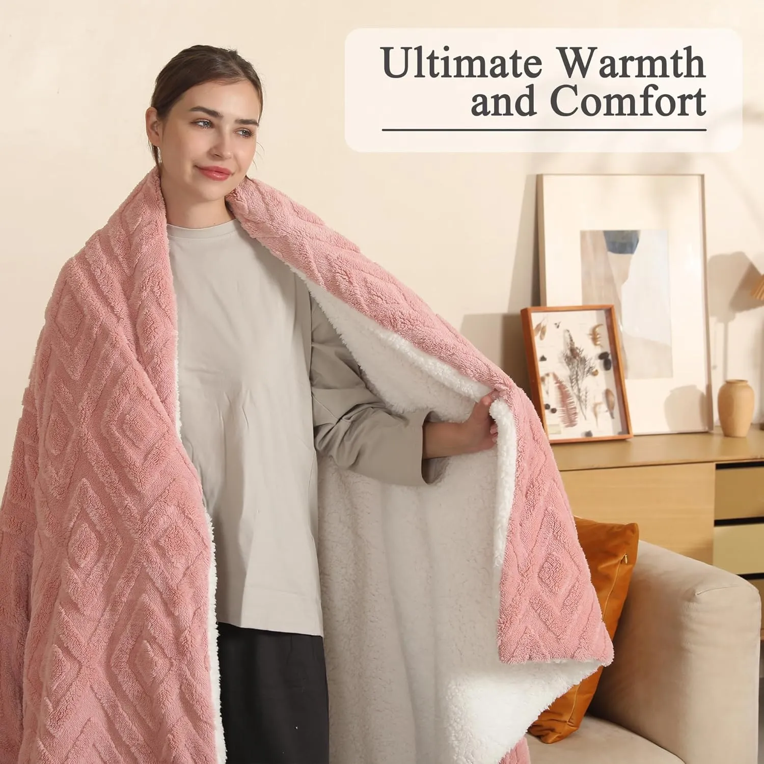 Electric Heated Throw Blanket, 50" x 60" Extra - Thick and Warm Heating Blanket with 4 Hour Auto Off & 5 Heating Levels, 3D Pattern Design and Overheating Protection, Baby Pink