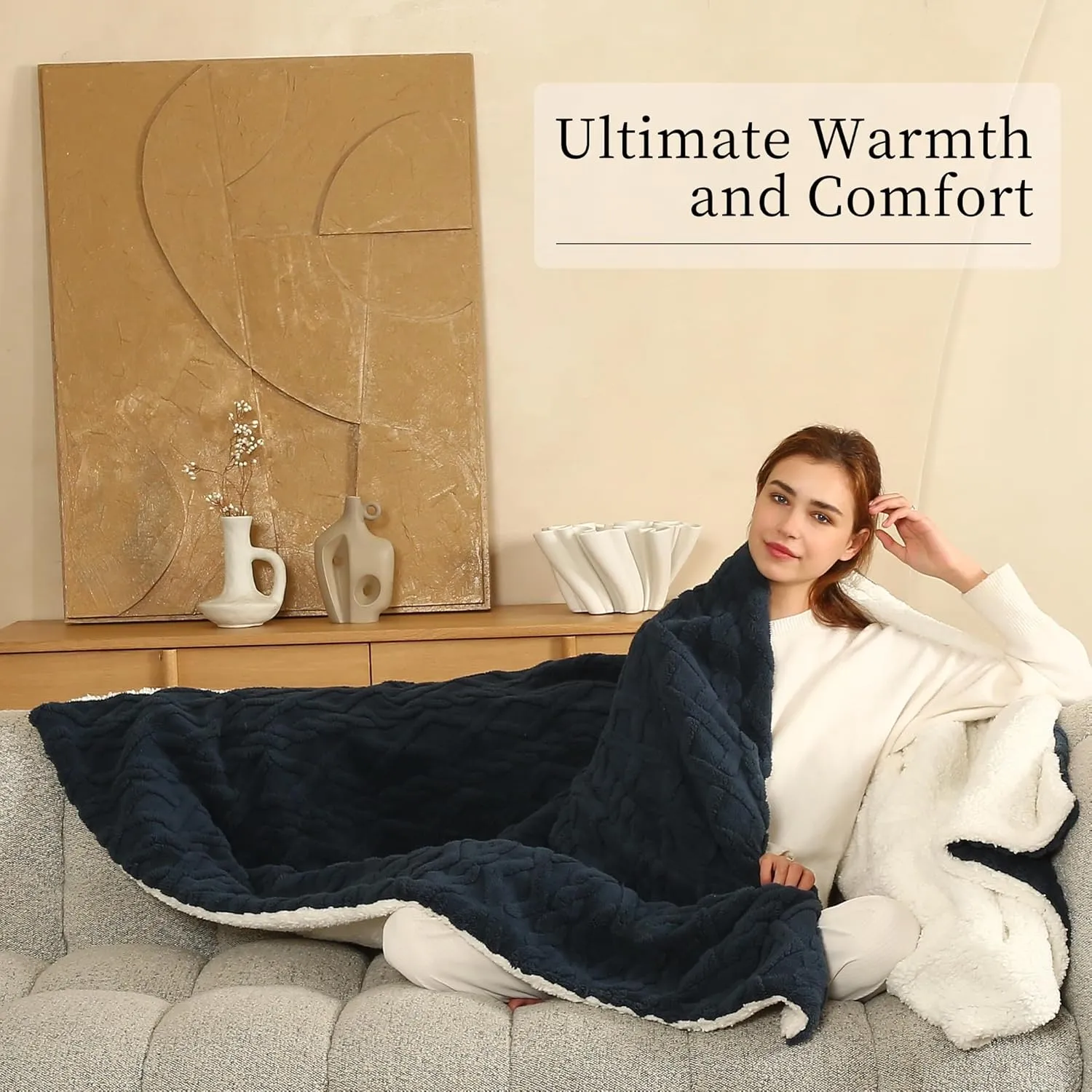 Electric Heated Throw Blanket, 50"x60" Extra-Thick and Warm Heating Blanket with 4 Hour Auto Off & 5 Heating Levels, 3D Pattern Design and Overheating Protection, Navy Blue
