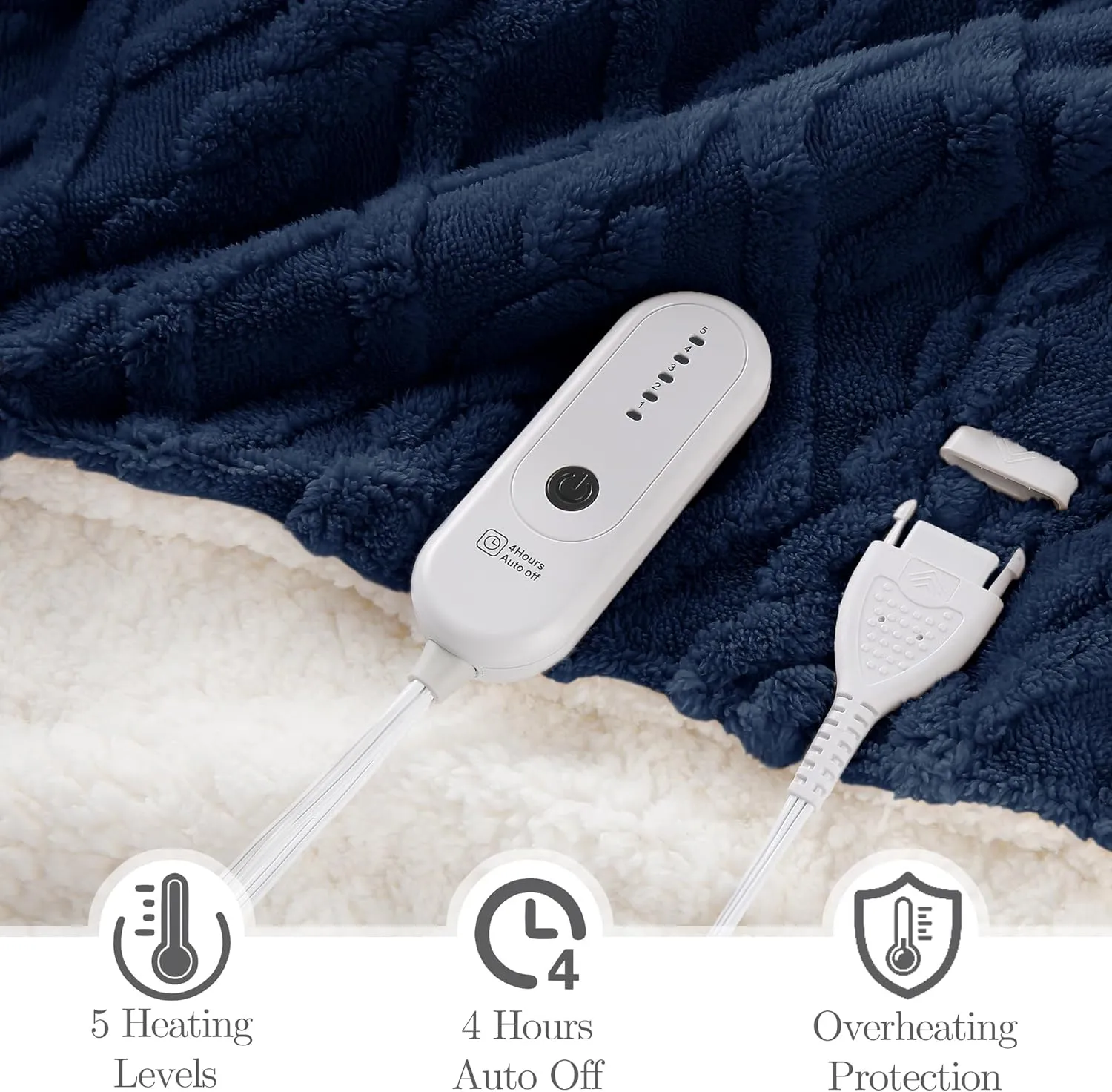 Electric Heated Throw Blanket, 50"x60" Extra-Thick and Warm Heating Blanket with 4 Hour Auto Off & 5 Heating Levels, 3D Pattern Design and Overheating Protection, Navy Blue