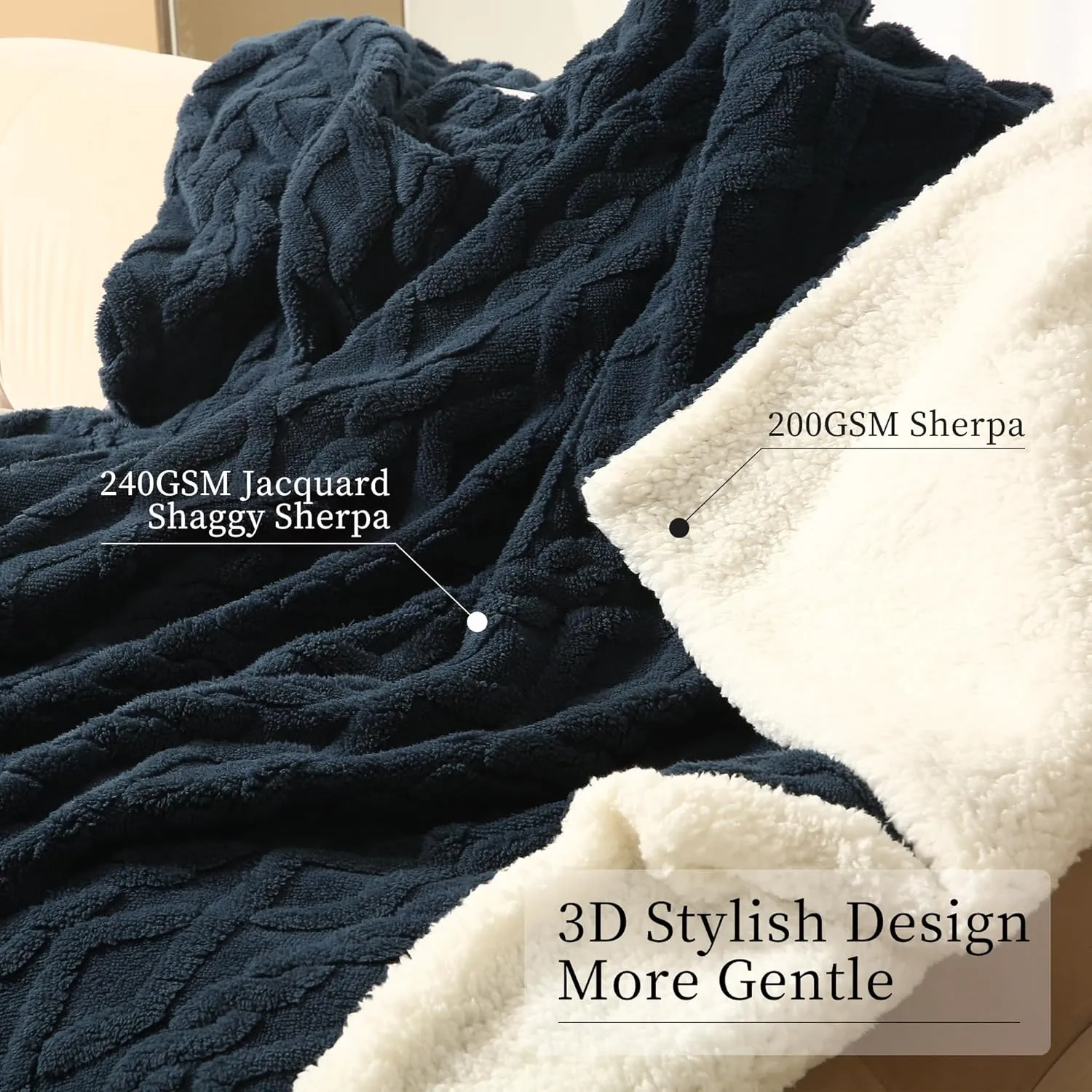 Electric Heated Throw Blanket, 50"x60" Extra-Thick and Warm Heating Blanket with 4 Hour Auto Off & 5 Heating Levels, 3D Pattern Design and Overheating Protection, Navy Blue