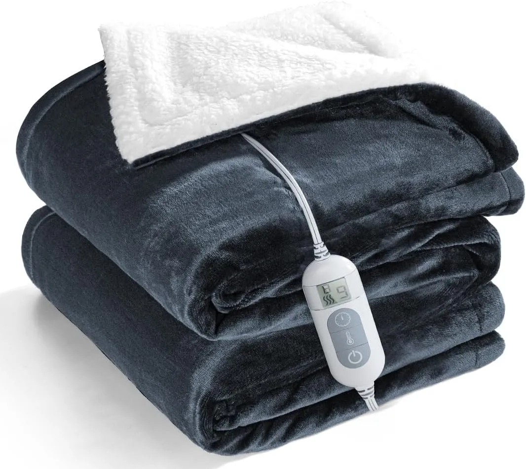 Electric Heated Throw, Double-Sided Flannel & Sherpa, 8 Heating Levels, 1-9 Hr Timer, Auto-Off, Machine Washable, ETL Certified, 62'' x 84'' Blue   White