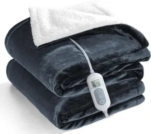 Electric Heated Throw, Double-Sided Flannel & Sherpa, 8 Heating Levels, 1-9 Hr Timer, Auto-Off, Machine Washable, ETL Certified, 62'' x 84'' Blue   White
