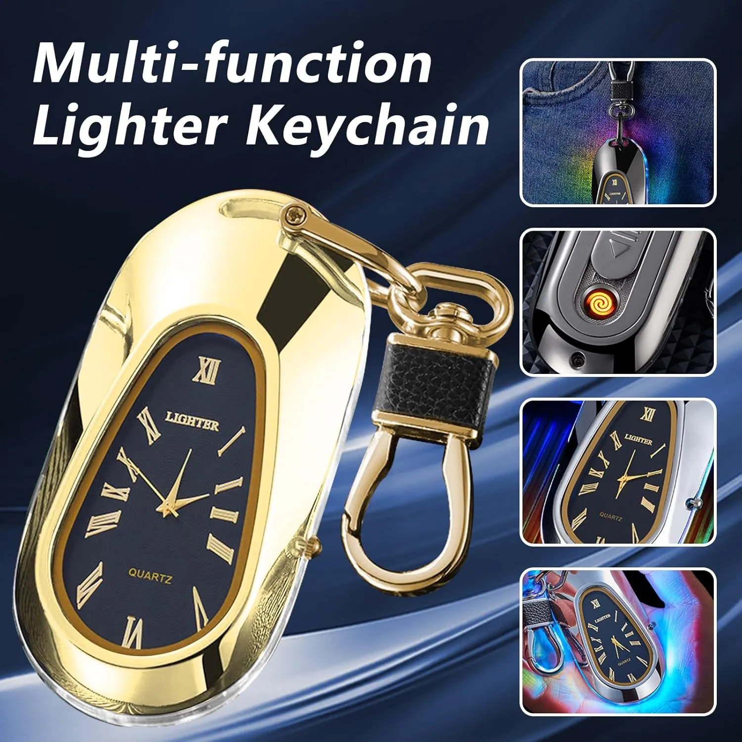 Electric Lighter with Clock - USB Rechargeable, Windproof, Plasma Arc Lighter - Gold
