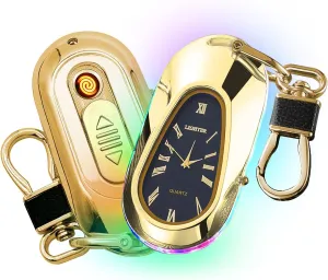 Electric Lighter with Clock - USB Rechargeable, Windproof, Plasma Arc Lighter - Gold