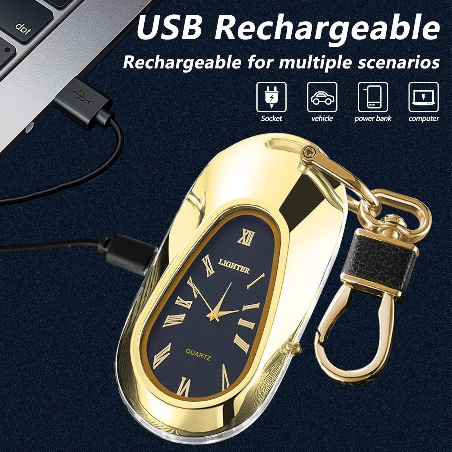 Electric Lighter with Clock - USB Rechargeable, Windproof, Plasma Arc Lighter - Gold