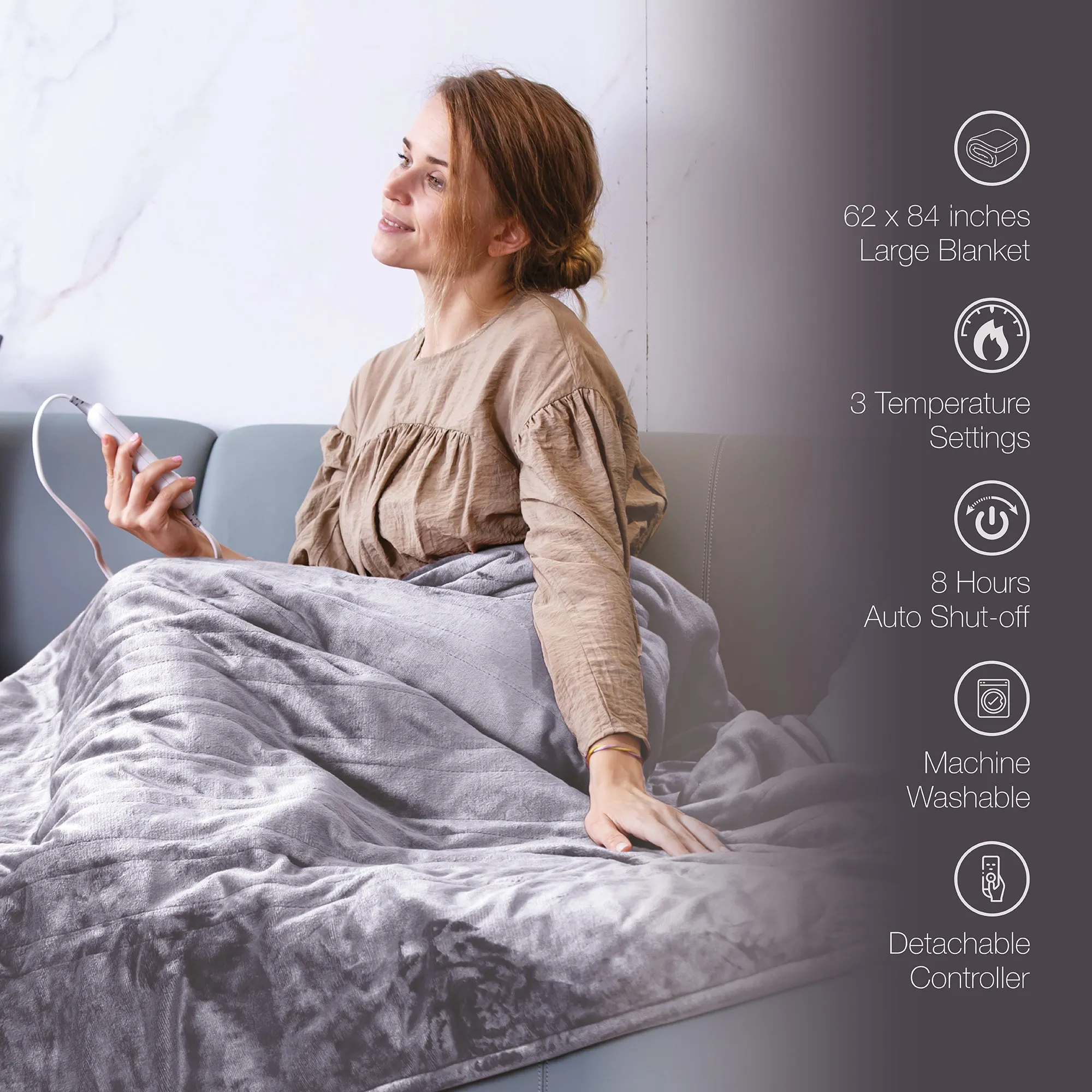 Electric Soft Microplush Heated Blanket Throw – 62x84 Inches, Fast Heating with 3 Temperature Settings