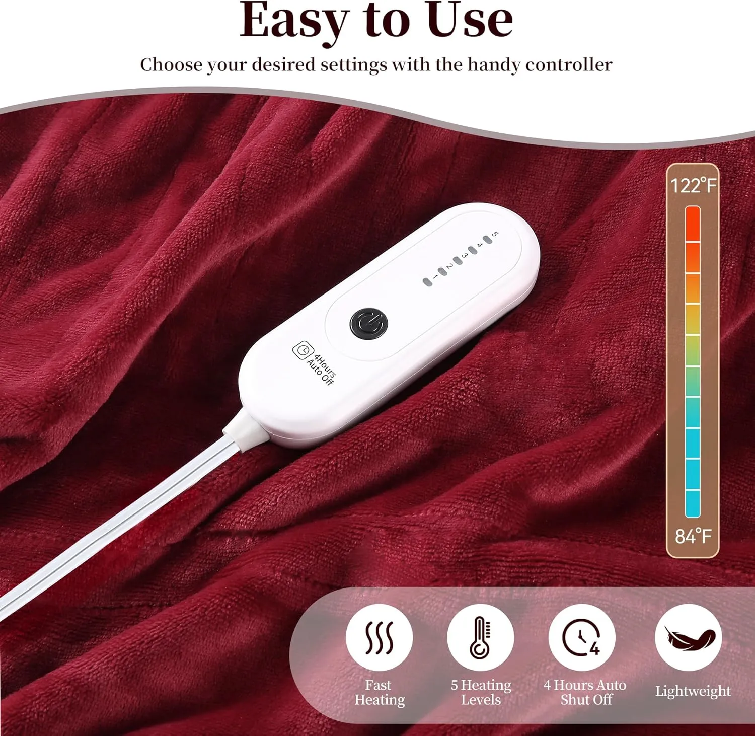 Electric Throw Blanket Heated Blanket, Super Soft Cozy Flannel Electric Blanket with 5 Heating Levels & 4 Hours Auto Off, Fast Heating Blanket with ETL & FCC Certification, 50" x 60", Cherry Red